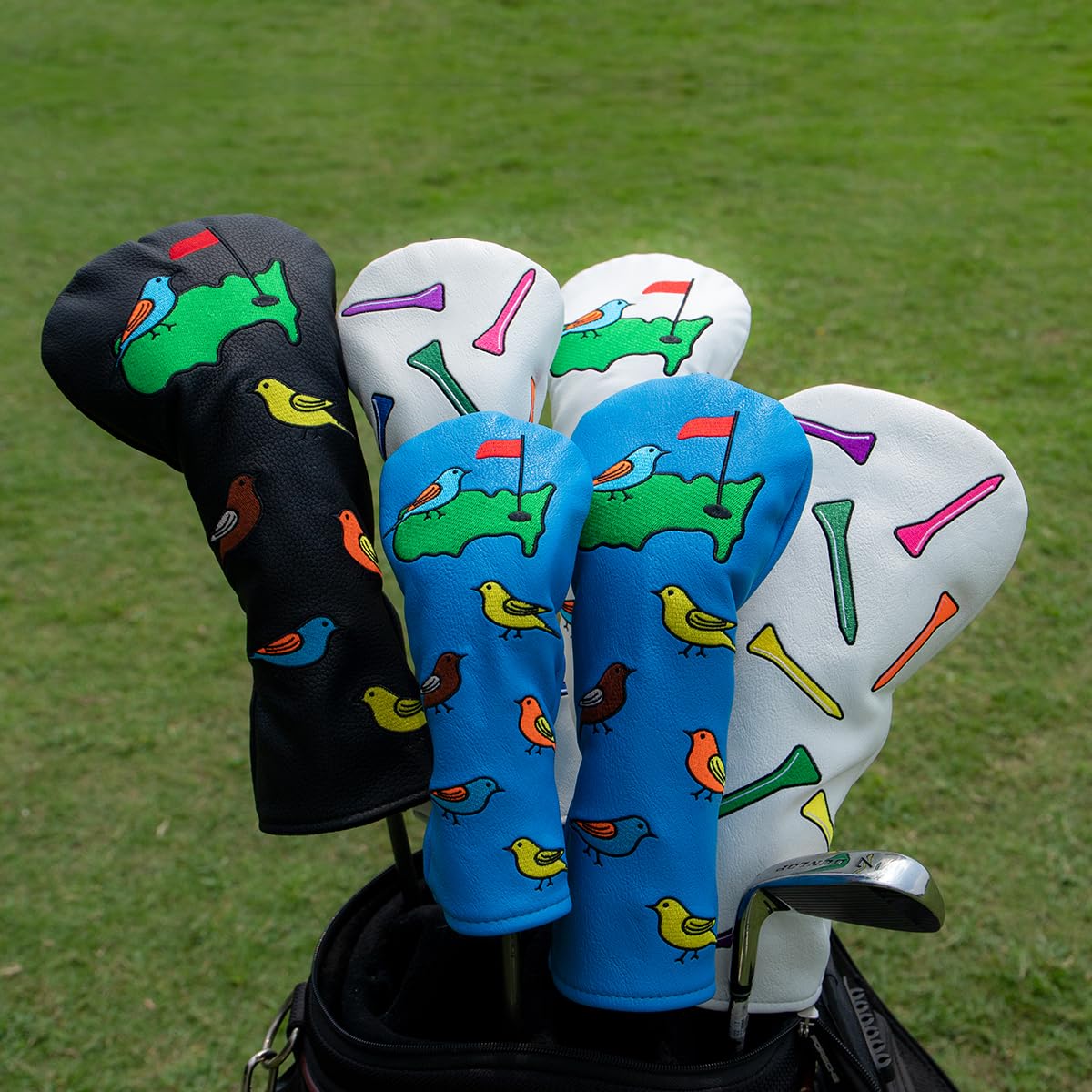 Montela Golf Copri club, Colorato Birdie Tee 3 Legno Headcover Driver Headcover Fairway Wood Head Covers Hybrid Headcover in Pelle Golf Head Cover per Odyssey Scotty Cameron Taylormade