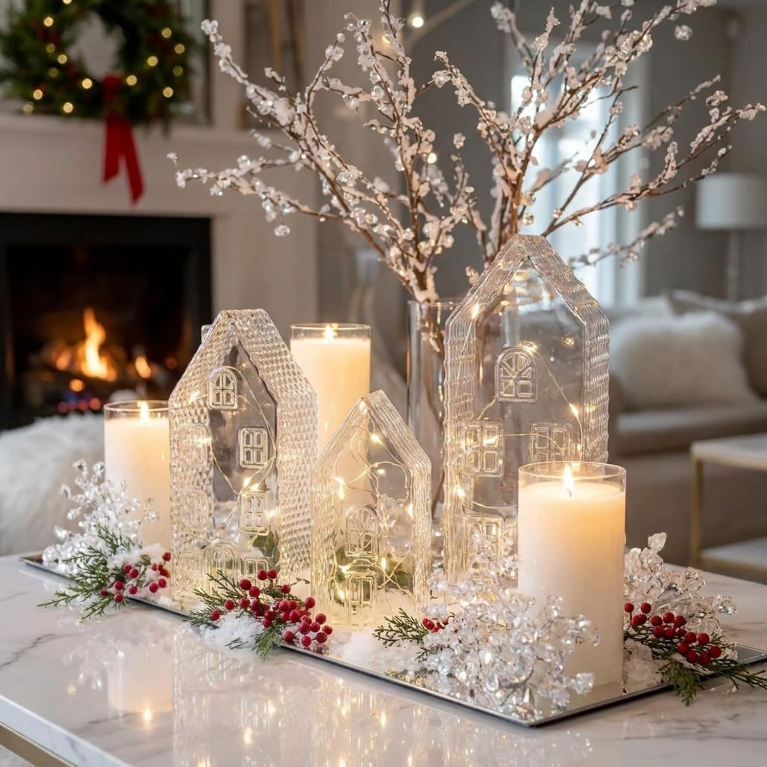 Suclain 3 Set Christmas Glass House Decoration with LED Lights and Remote