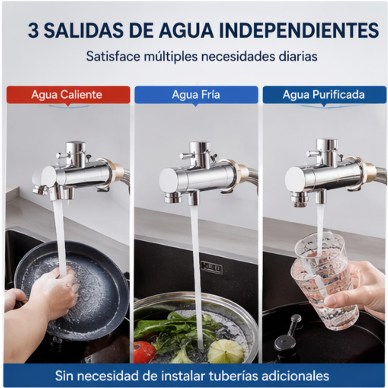 Grifo de Cocina 3 Vías Con Filtro de Agua - 3 en 1 Para Ósmosis - Agua Potable - Latón Giratorio