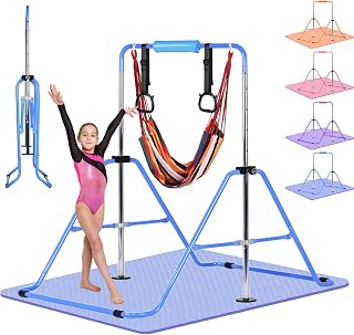 Advwin Foldable Gymnastics Bar, Expandable Horizontal Bars, 5 Adjustable Height Junior Training Bar Monkey Bar for Kids, Perfect Kids Gift, 70KG Max Load
