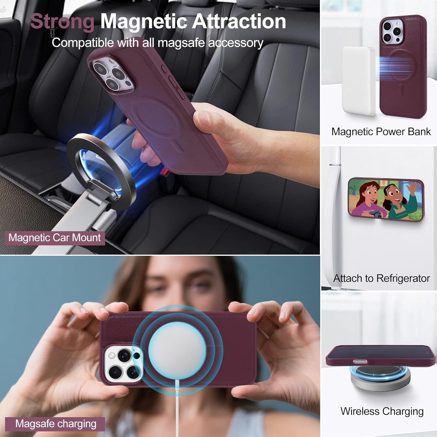 2 in 1 for iPhone 16 Pro Max Wallet Case Magnetic Compatible with Magsafe RFID Blocking Card Holder Detachable Phone Cover Zipper Purse Kickstand Wrist Strap for Men Women 6.9" 2024 Quilted Burgundy