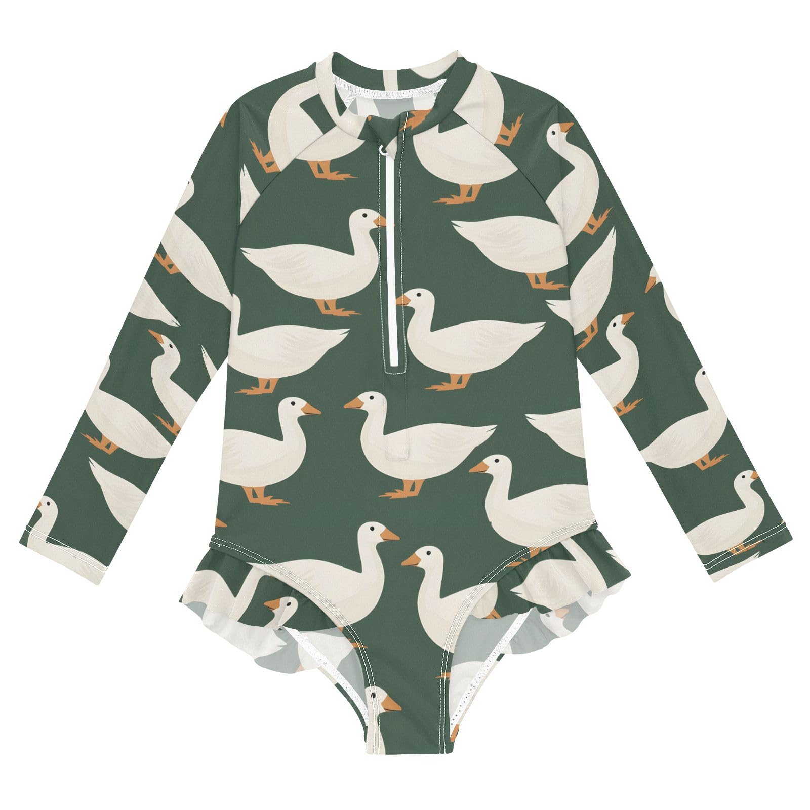 ALAZA Swimsuit for Girls Long Sleeve Rashguard Bathing Suit White Duck Green Quick Dry 4T