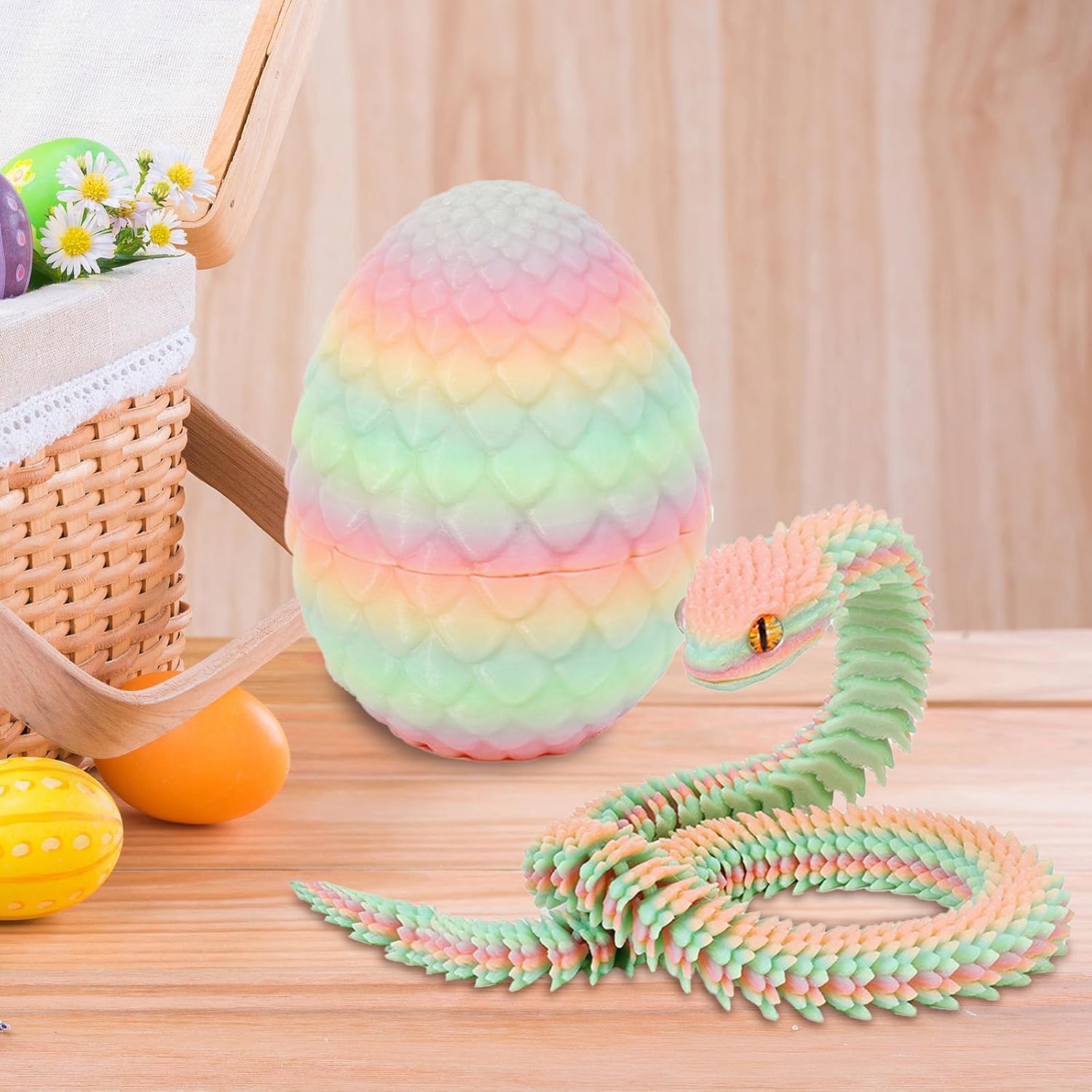 3D Printed Snake with Egg Crystal Dragon Fidget Toys Inside Articulated Mystery Snake in Egg Flexible Joints Animals Surprise Eggs Adults Executive Desk Home Office Decor Easter (Luminous/Colorful)