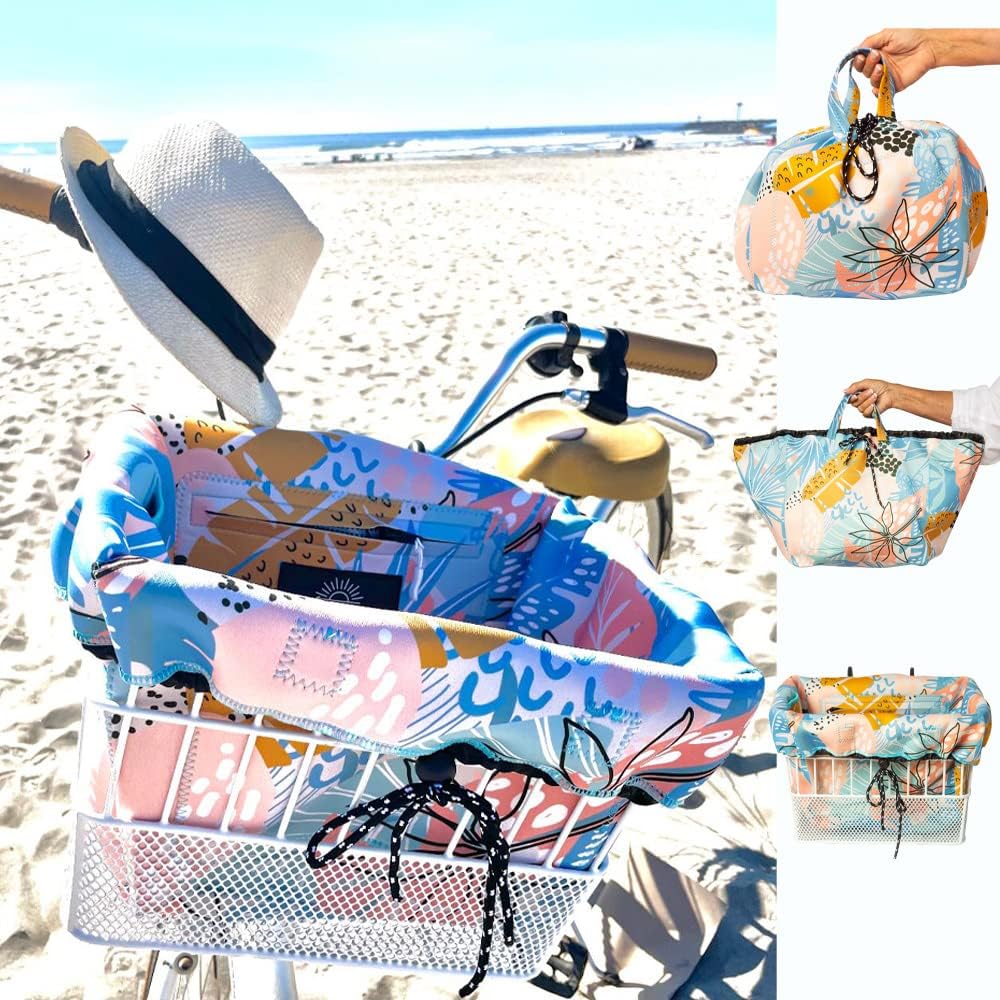 Bicycle Basket Liner, Beach Bag & Travel Tote All in ONE Bag Waterproof Neoprene Zipper Pockets Reversible Locking Secure Toggle Heavy Duty Draw String Cord