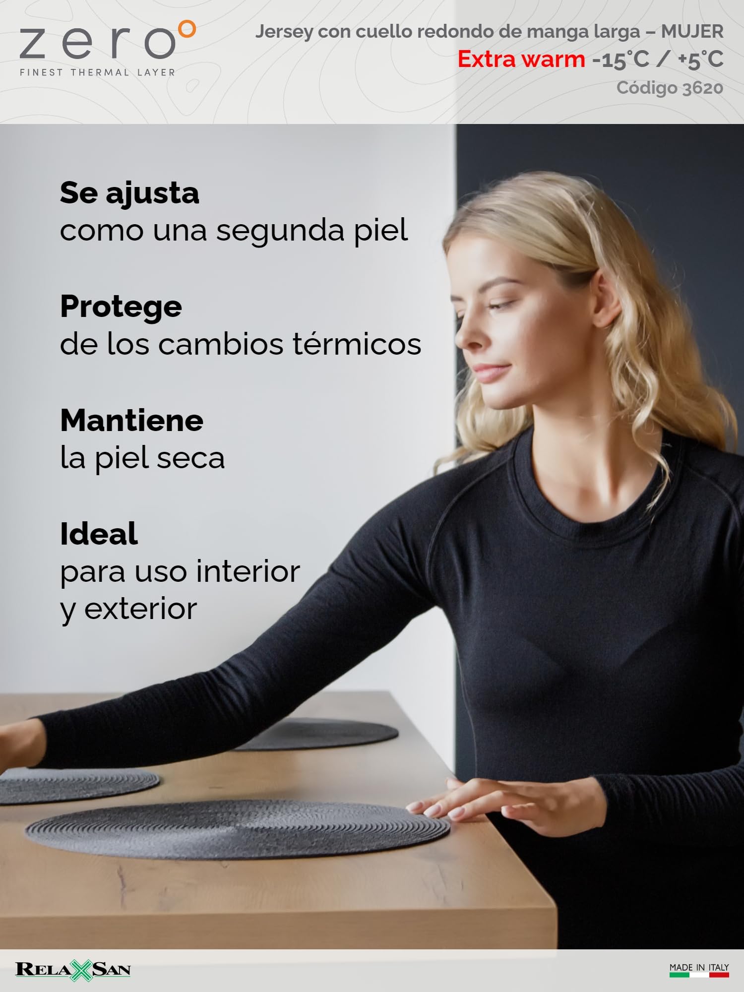 Relaxsan Zero 3220 – Camisa Térmica Invierno Mujer Manga Larga Ropa Interior en Lana Merino y Fibra Dryarn