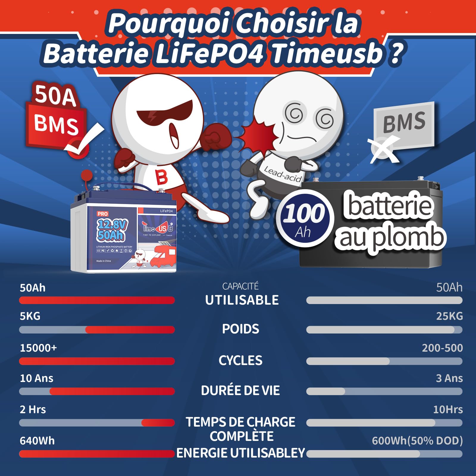 Timeusb Batterie Lithium 12V 50Ah avec 50A BMS pour Camping-Cars Bateaux
