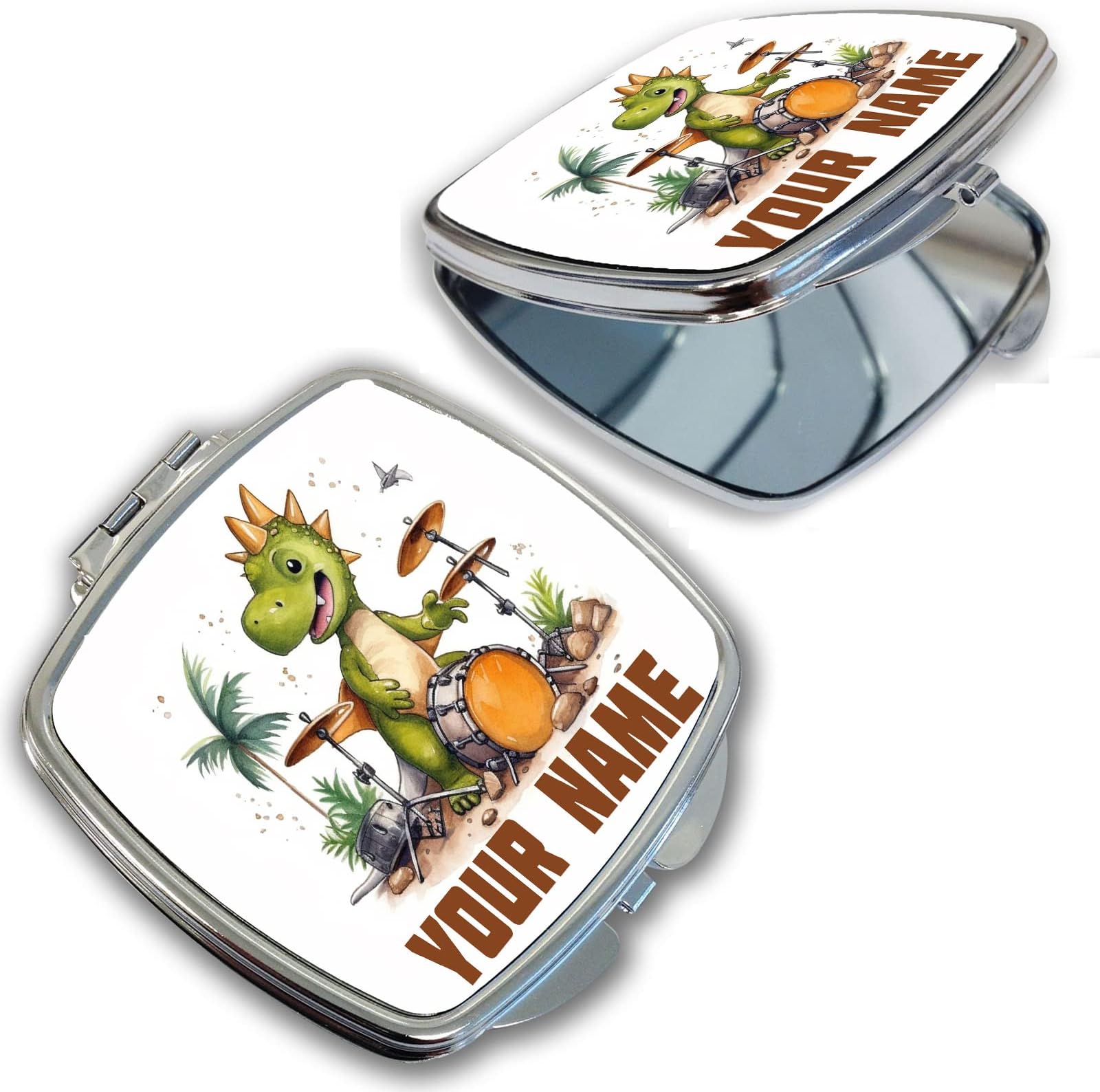 Bleu Reign Compact Personalized Pocket Mirror Custom Name Dinosaur Band Drums