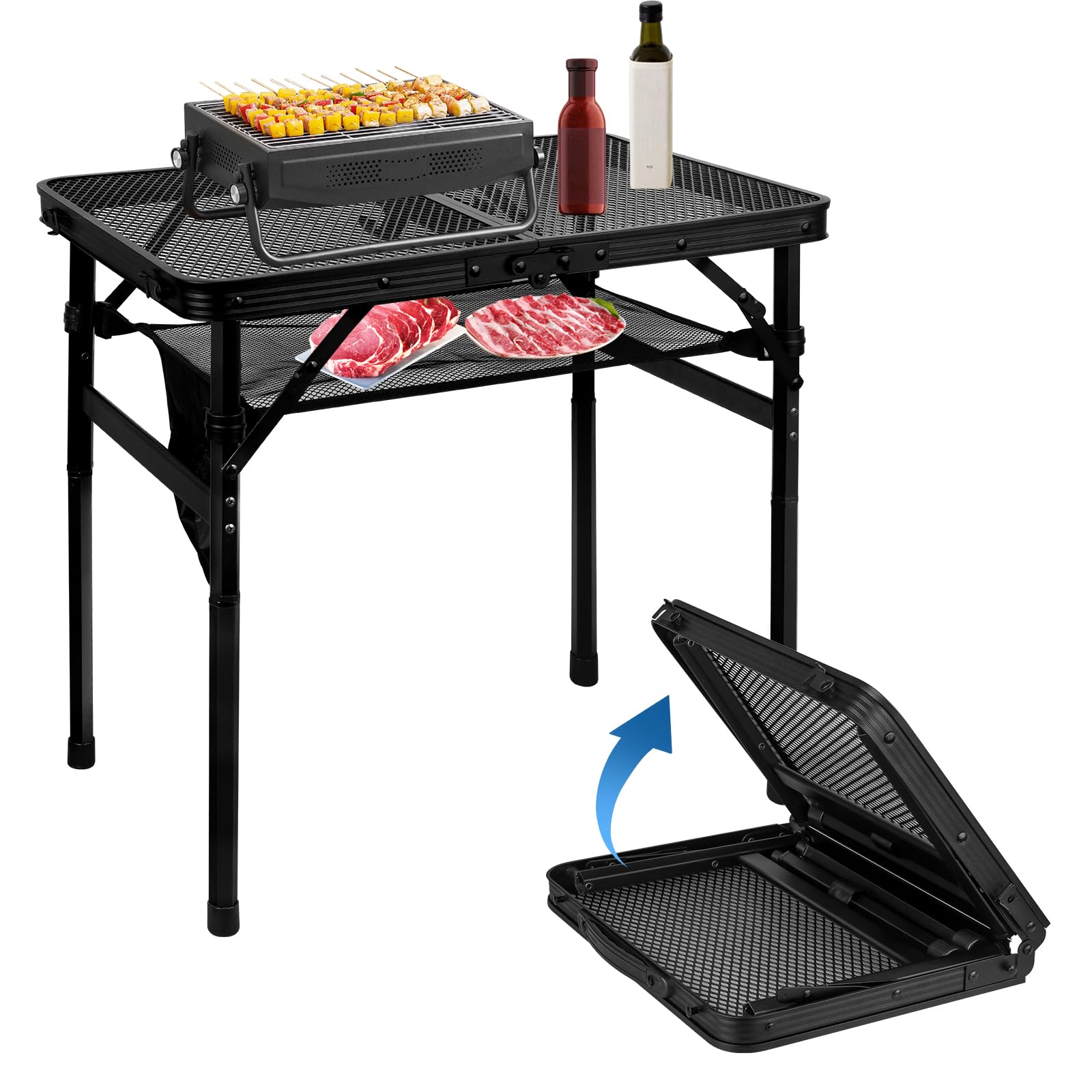 MSDADA Table de gril pliante, réglable en hauteur, bureau et sac en maille, portable pour camping, pique-nique, terrasse, salle à manger, barbecue, fête, noir, 60 x 40 cm