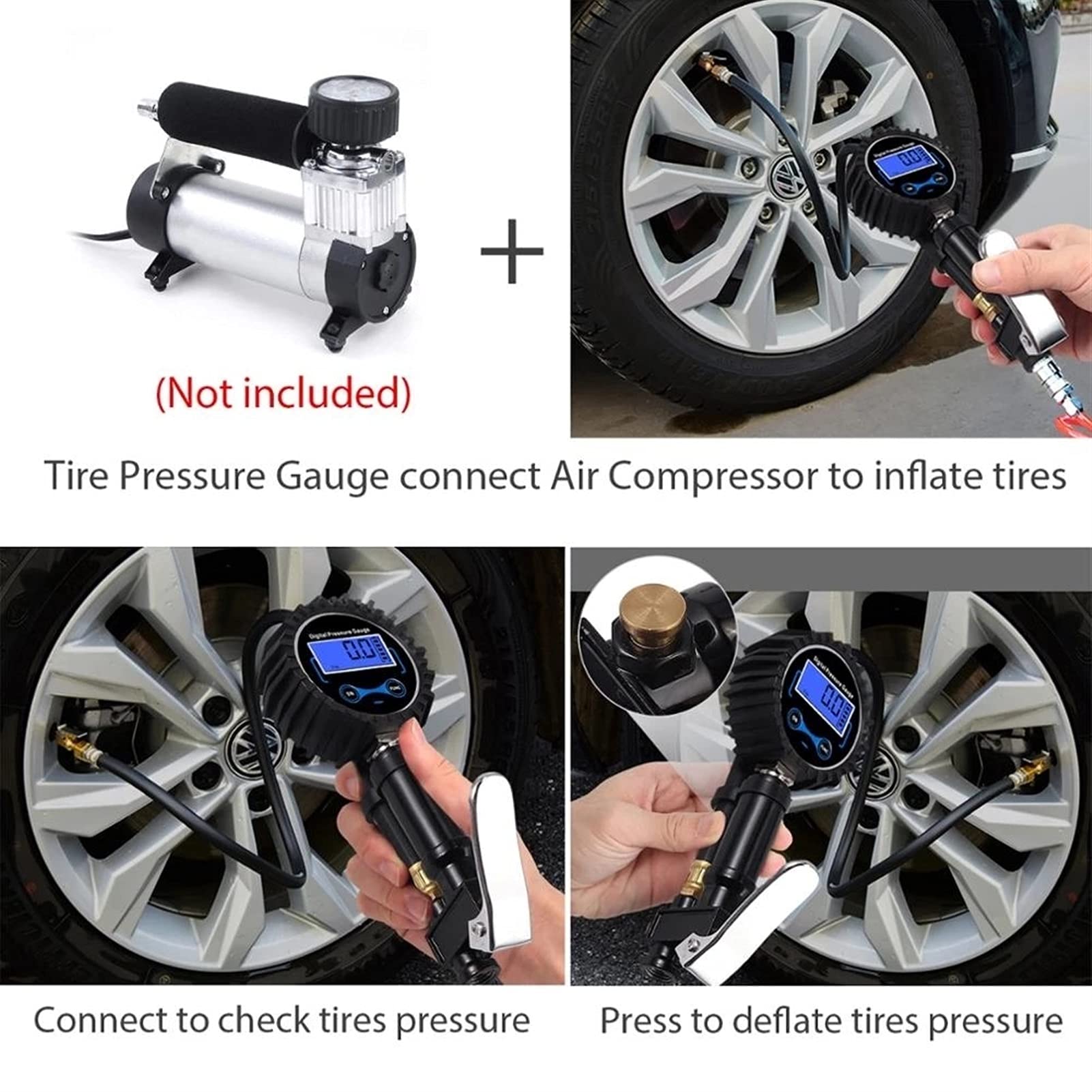 Inflador de neumáticos Digital 0-200PSI con manómetro con 4 Tapas de válvula Indicador de inflado de neumáticos de Acero con Manguera de Goma