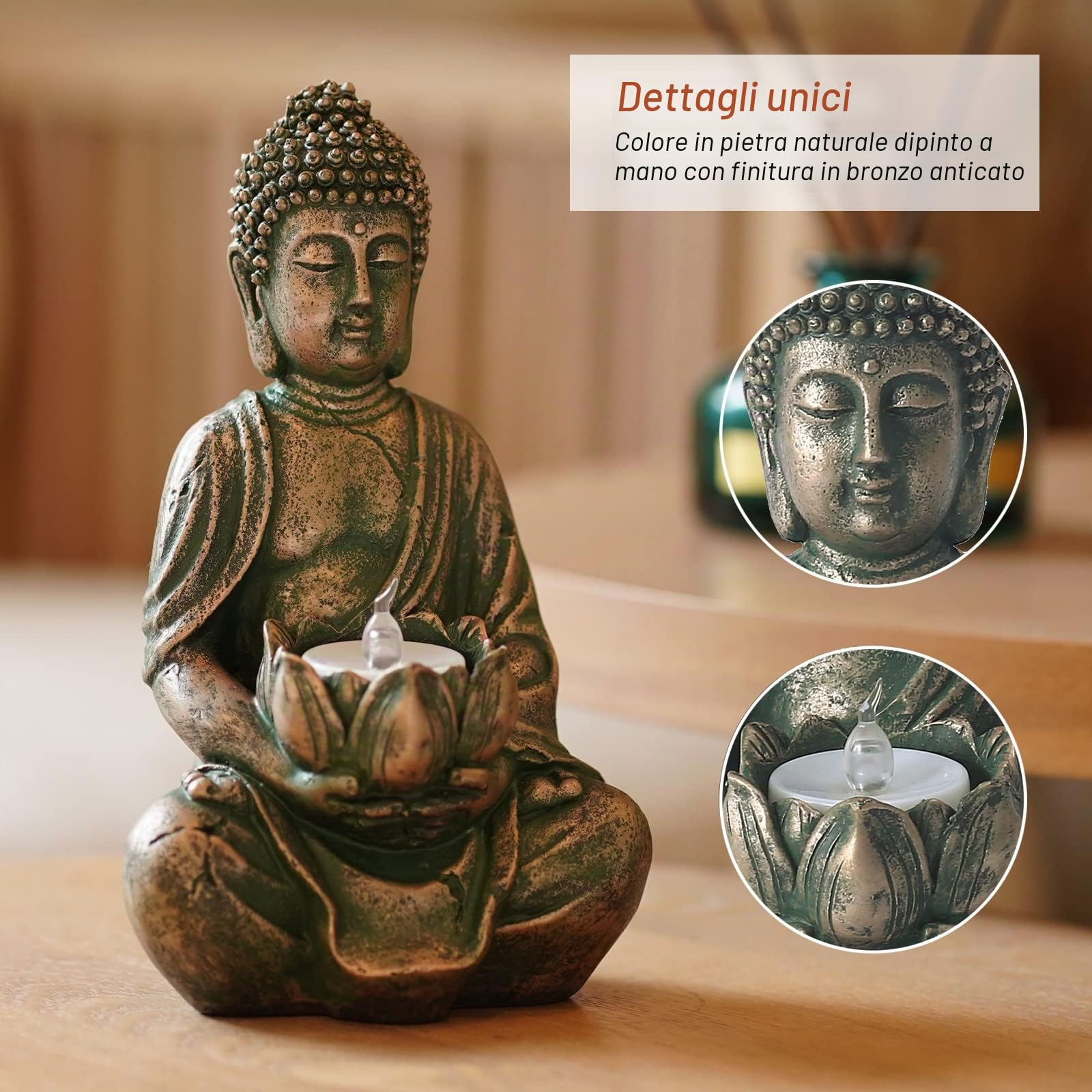Yeomoo Statuetta di Buddha da meditazione, portacandela/portacandela decorativa per soggiorno, statuette di Buddha con loto Zen, decorazione da giardino per esterni con tealight a LED, regali