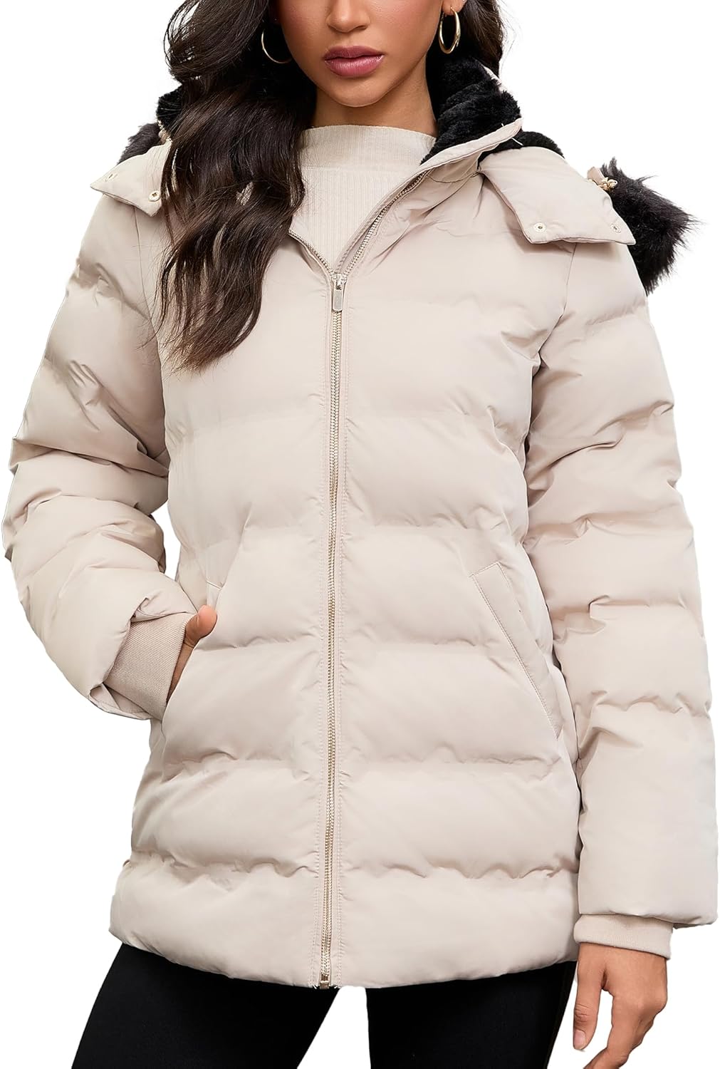Women's Puffer Parka Winter Coat Warm Fleece Lined Jacket with Faux Fur Hood, Slant Pockets, Elastic Waist - Image 2