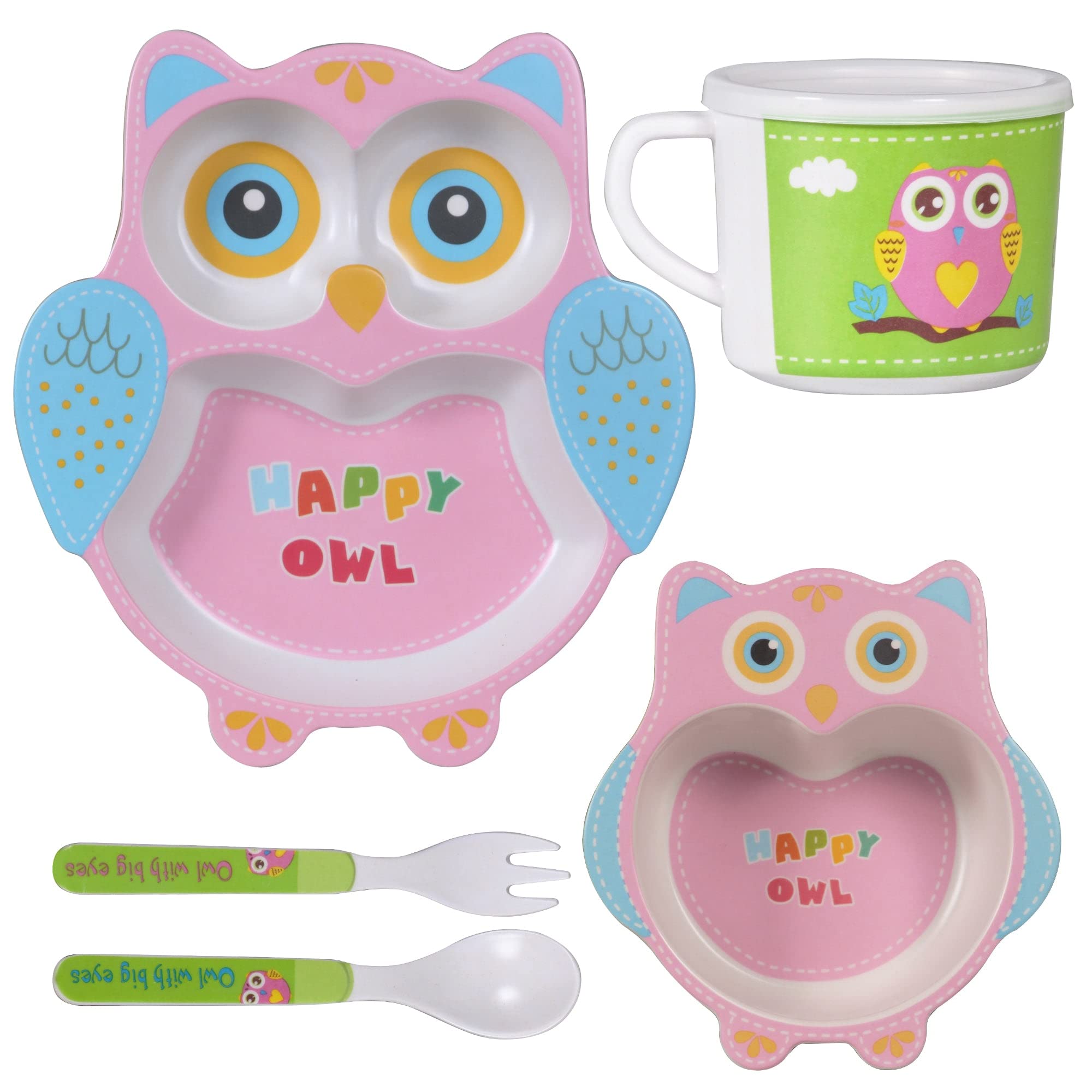 Crackles 5 Piece Bamboo Dinnerware for Kids, Toddler, Plate and Bowl Set, Eco Friendly and Dishwasher Safe, Great Gift for Birthday, Baby Shower- Cute Owl-image-31