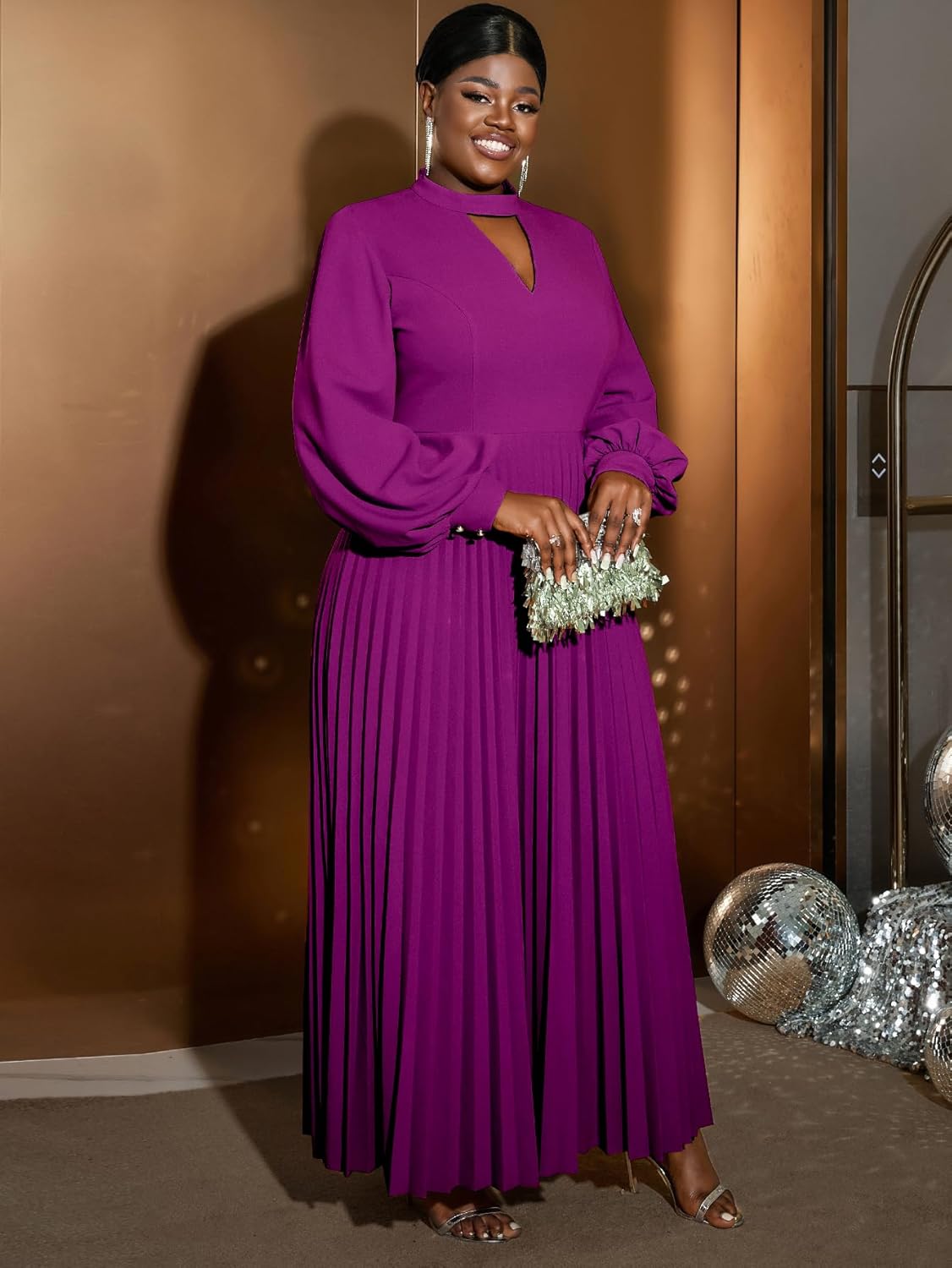 AOMEI Women's Cutout Long Pleated Church Dress Puff Sleeve Stand Collar Casual Dresses for Women Classy - Image 3