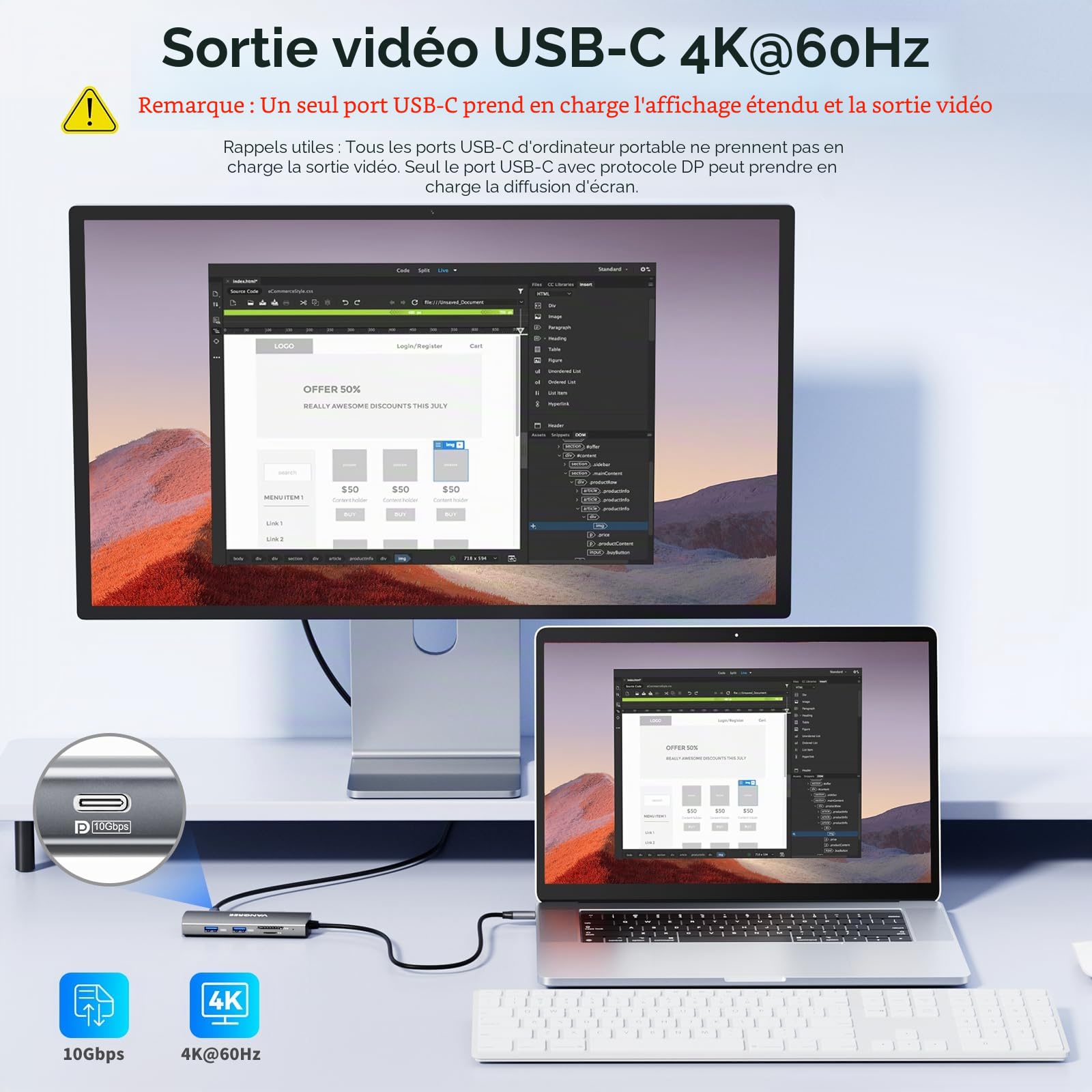 VANGREE 9-en-1 USB C Hub 10Gbps, 4K@60Hz USB-C Display, 100W PD | 3x USB-C & 2x USB-A 3.2, 4K@60Hz HDMI, SD/TF, SST & MST, pour MacBook, iPad, Dell, Surface, Samsung DEX