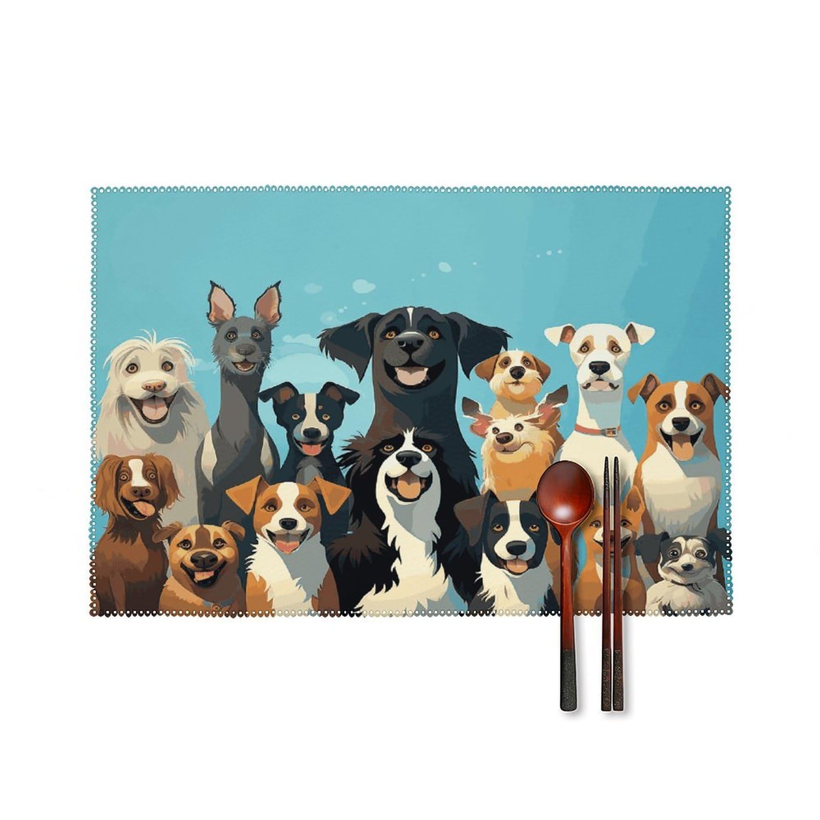 Btcowzrv Style A Large Group Of Dogs On A Blue Background Canvas Placemats Set Of 6, Wipeable Washable Place Mats For Indoor & Outdoor, Table Mat Decor For Kitchen Dining Party