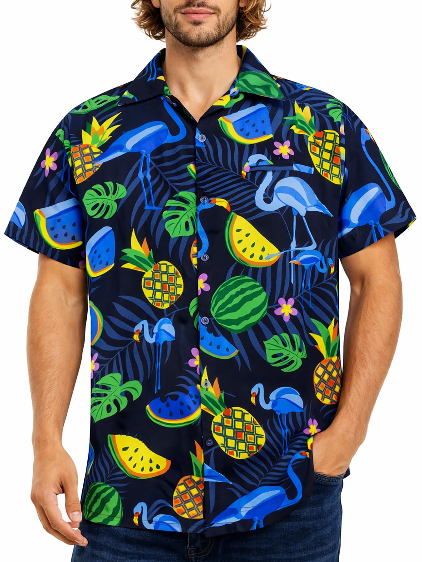 King Kameha Men's Dark Blue - Flamingo Melon Hawaiian Shirt For – Tropical ’S Hawaiian Shirt Short Sleeve, Flamingo Melon, Dark Blue (Blue Flamingos), 4XL