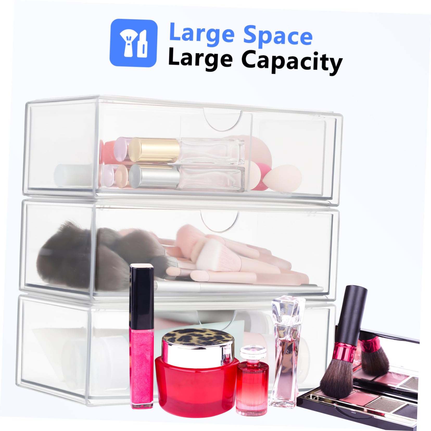 3 piezas Caja Organizadora Maquillaje Transparente con Tapa Organizador de Cosméticos con Compartimentos para Lápices Labiales y Algodón Almacenamiento Compacto y Resistente para