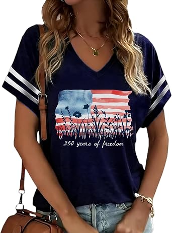 American Flag Shirts Women 4th of July V-Neck Short Sleeve Patriotic T-Shirt Memorial Day Graphic Tee Independence Day Tops