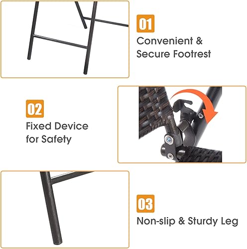 Miniatura 4 de LUARANE - Juego de 4 sillas plegables de mimbre de ratán, juego de taburetes altos con respaldo de marco de acero, reposapiés, reposabrazos, sillas