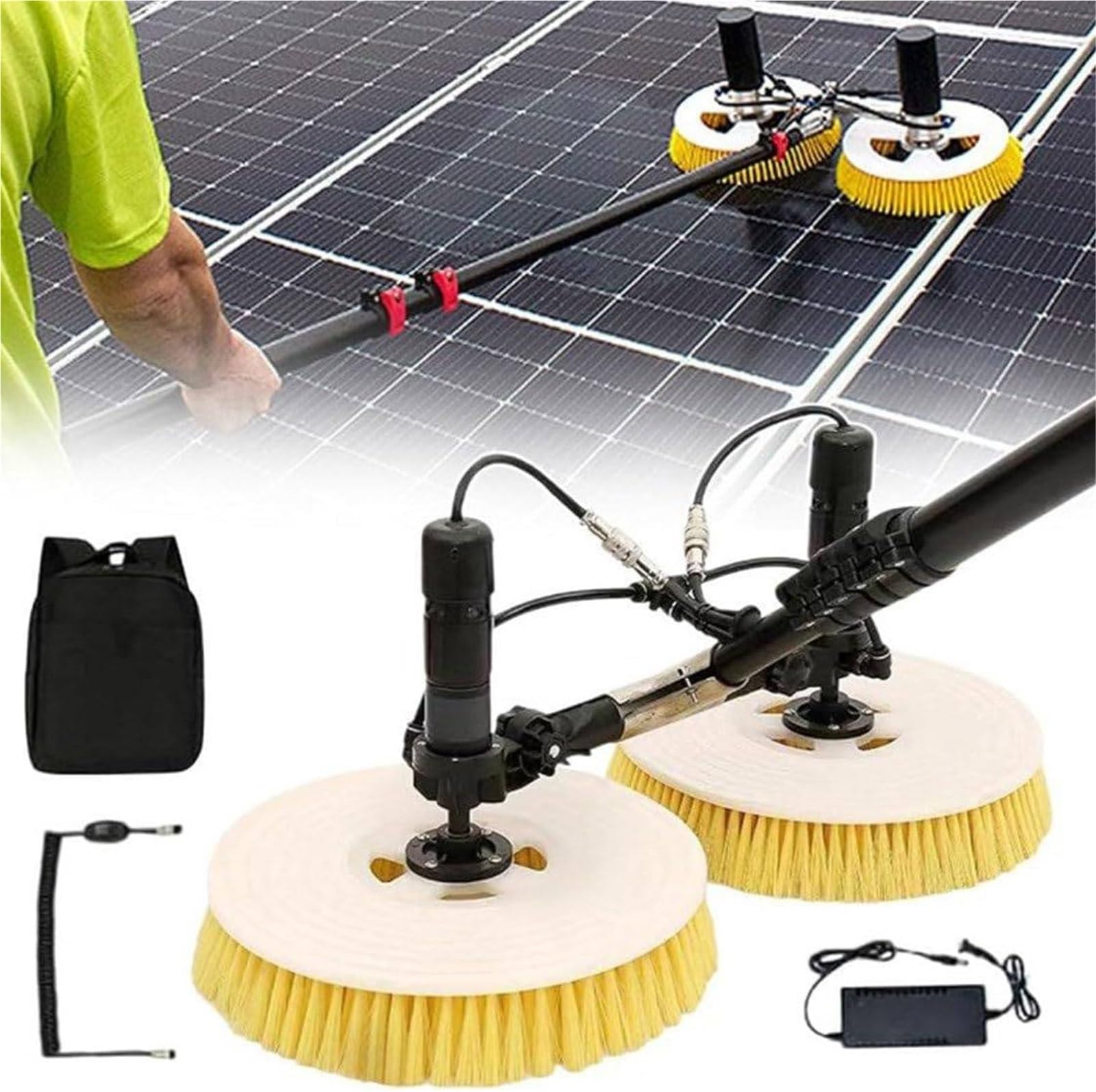Cepillo Limpiador de Paneles solares eléctrico con Mango Extensible Ajustable para Limpiar Cristales de Ventanas Exteriores.