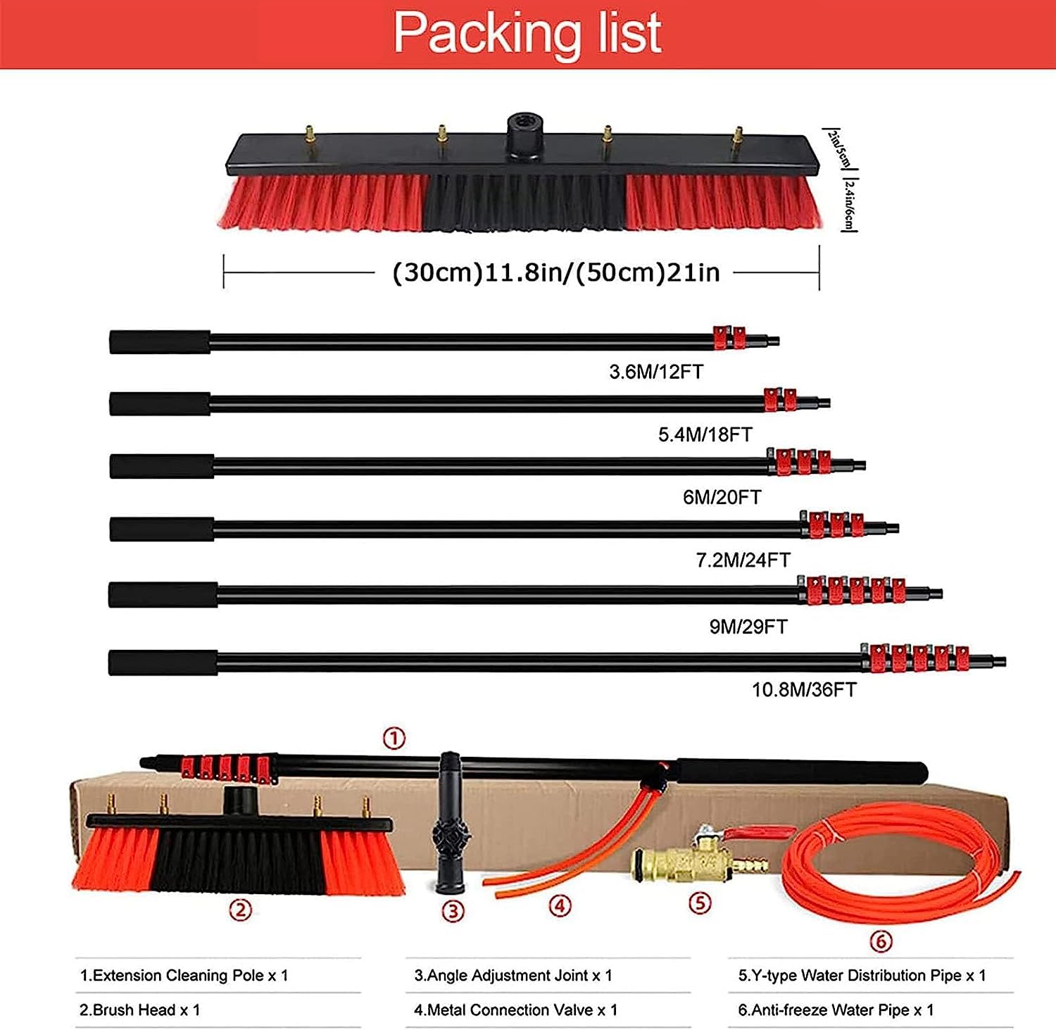 Teles - Kit de barra de limpieza de ventanas de 3,6 11 m, cepillo extensible para techos altos y conserva, herramienta de limpieza profesional de 24 pies para un fácil alcance y brillo sin rayas