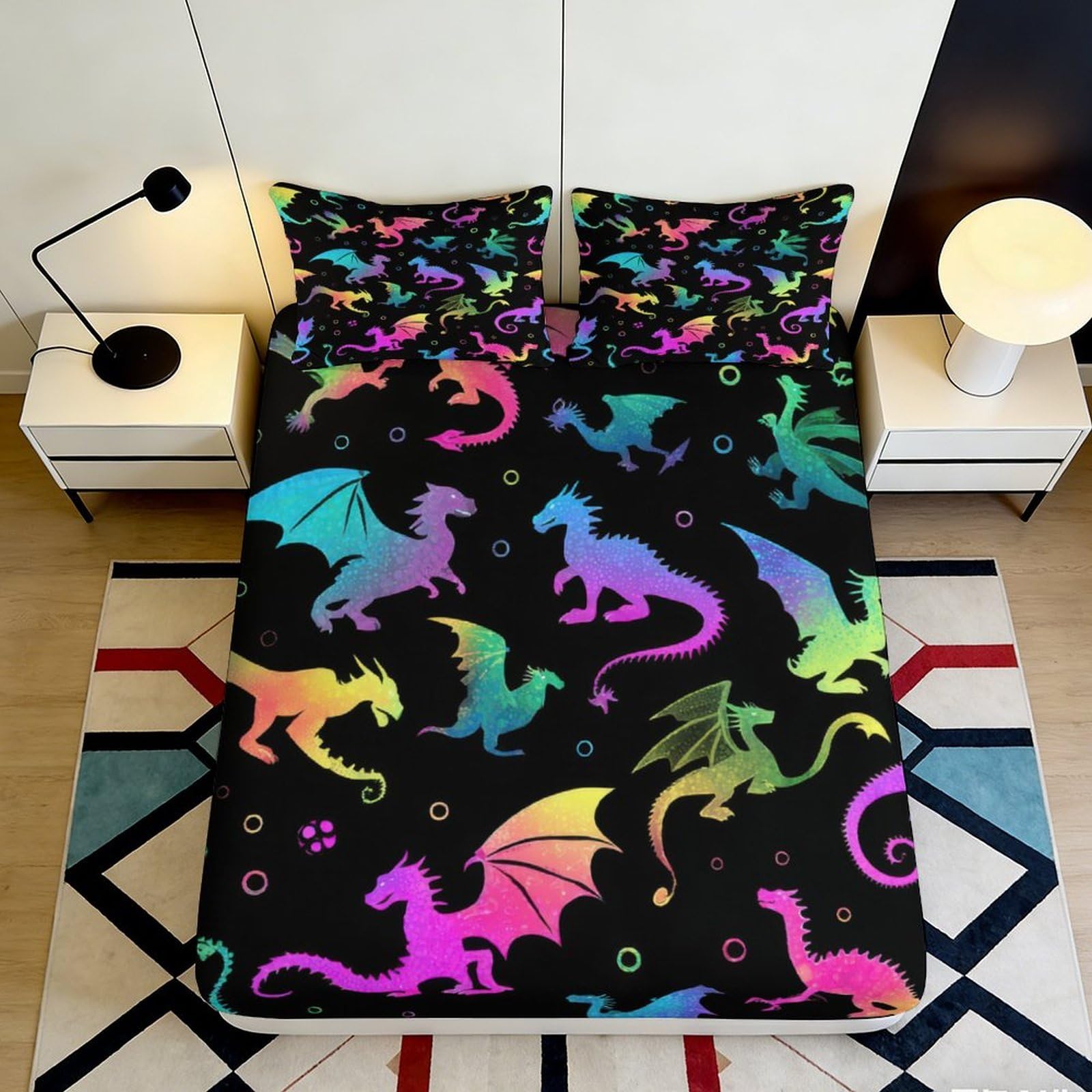 Pnayamiorkfel Style-9 3D Printed Rainbow Dragon Fitted Sheet Microfiber Colorful Fantasy Bed Cover For Bedroom Guest Room Decor Mattress Protection 90X200x25cm