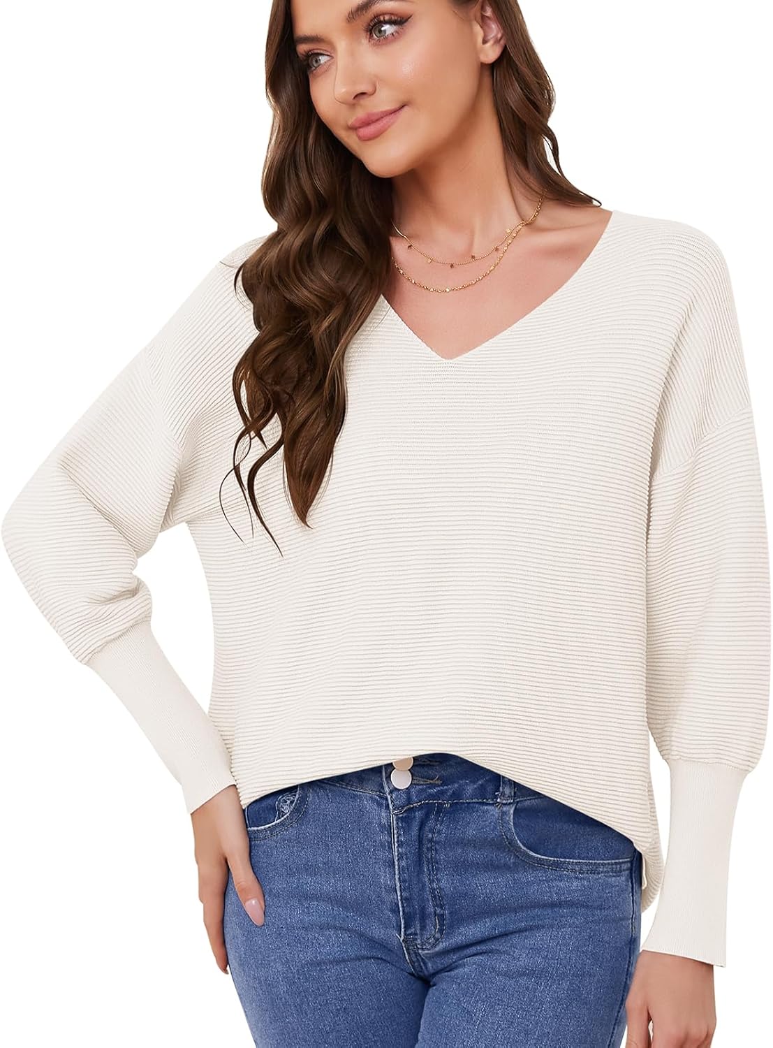 Women’s Pullover Sweaters 2025 Spring V Neck Lantern Long Sleeve Ribbed Knitted Oversized Stretchy Pullover Tops Women’s Pullover Sweaters 2025 Spring V Neck Lantern Long Sleeve Ribbed Knitted Oversized Stretchy Pullover Tops