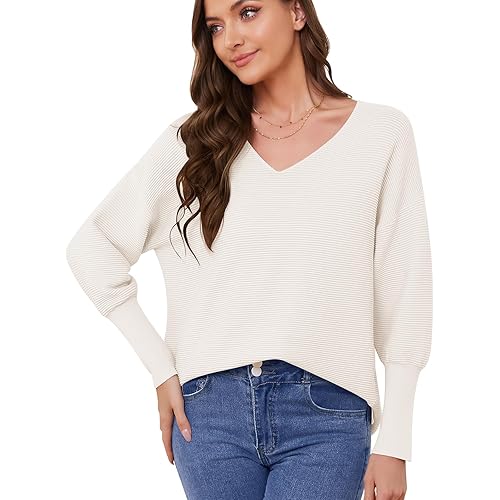 Women's 2024 Fall Pullover Sweaters Balloon Long Sleeve Ribbed Knitted Pullovers Oversized V Neck Sweater Tops