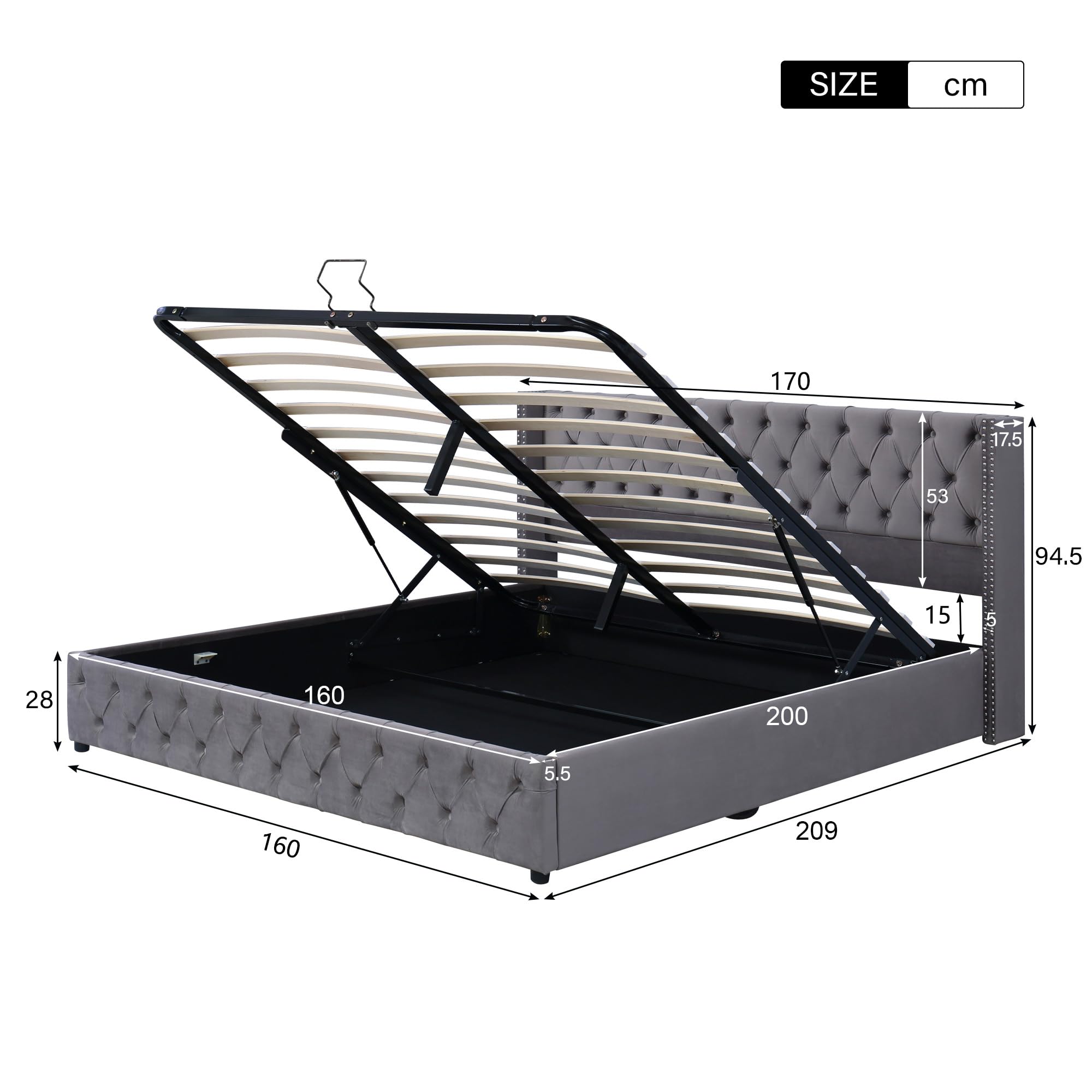 Cama tapizada con forma de oreja, doble fila de remaches, costuras de botones, cabecero y pie de cama, cama doble 160 x 200 hidráulica, base de cama con tela no tejida negra resistente a la suciedad