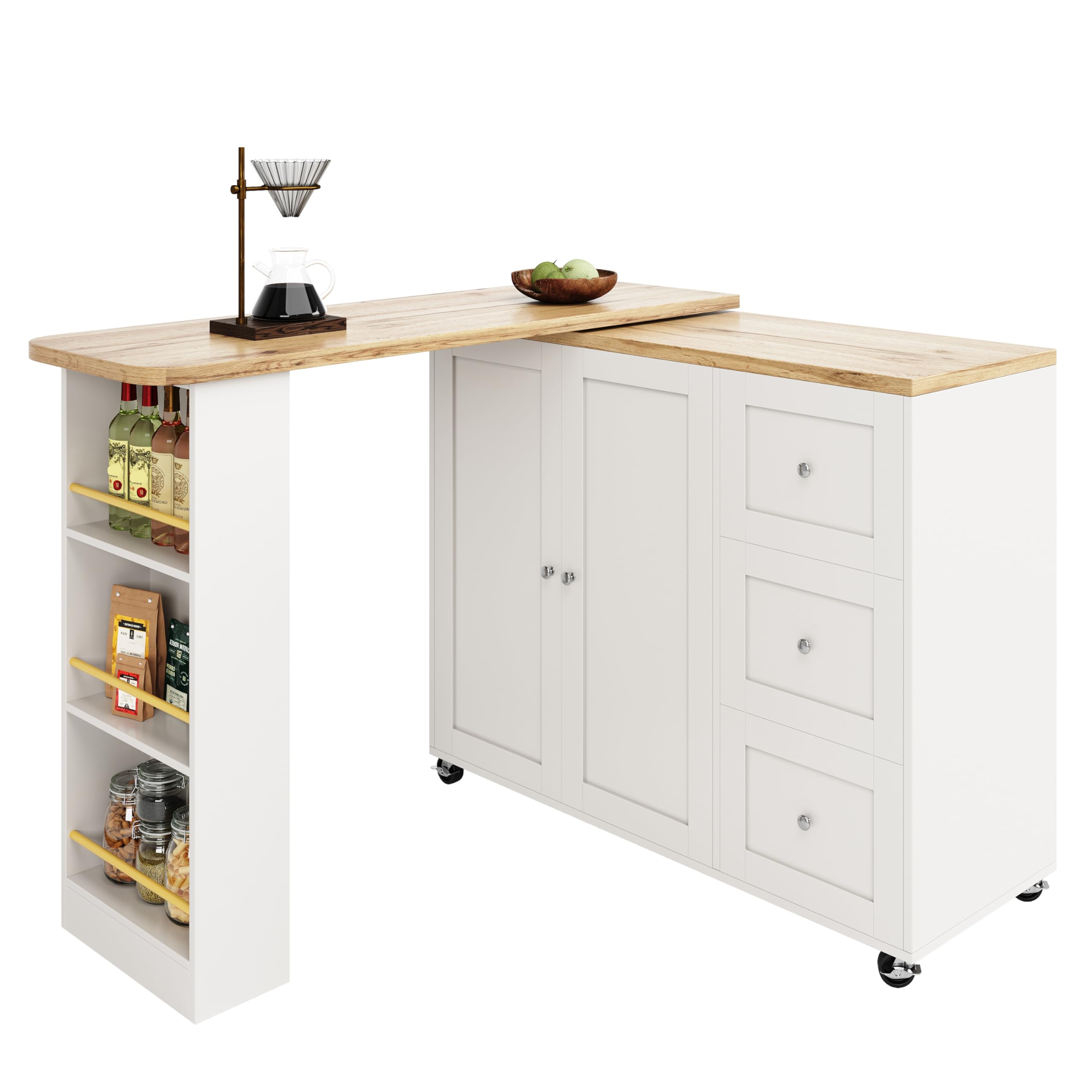 Mesa alta giratoria de 360° con ruedas y espacio de almacenamiento, mesa de bar moderna con tres cajones, estantería para aperitivos y estantes, isla de almacenamiento multifuncional para cocina y