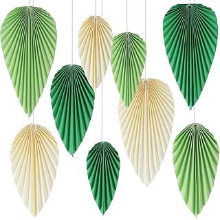 SUNBEAUTY 9 Stück Papier Fächer Dekoration Hanging Girlande Grün Blassgelb Blatt Papierfächer Party Deko Set für Hochzeit Geburtstag Tea Party Tischdeko Classroom Baby Shower Backdrop Garland