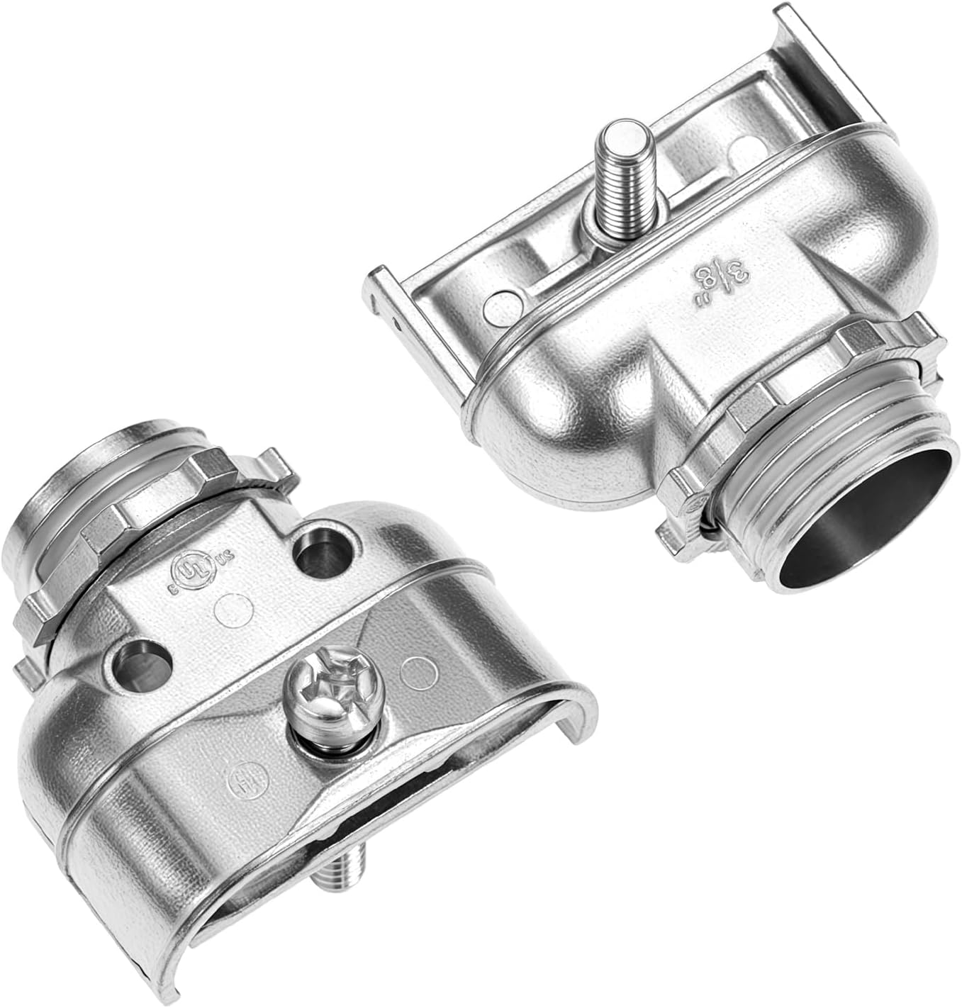 QWORK 3/8" 90 Degree Duplex Connector 24 Pcs – Zinc Alloy Flexible Metal Conduit Fitting for AC MC NM Cables – Single Knockout Two-Way Electrical Box Adapter for Junction Boxes