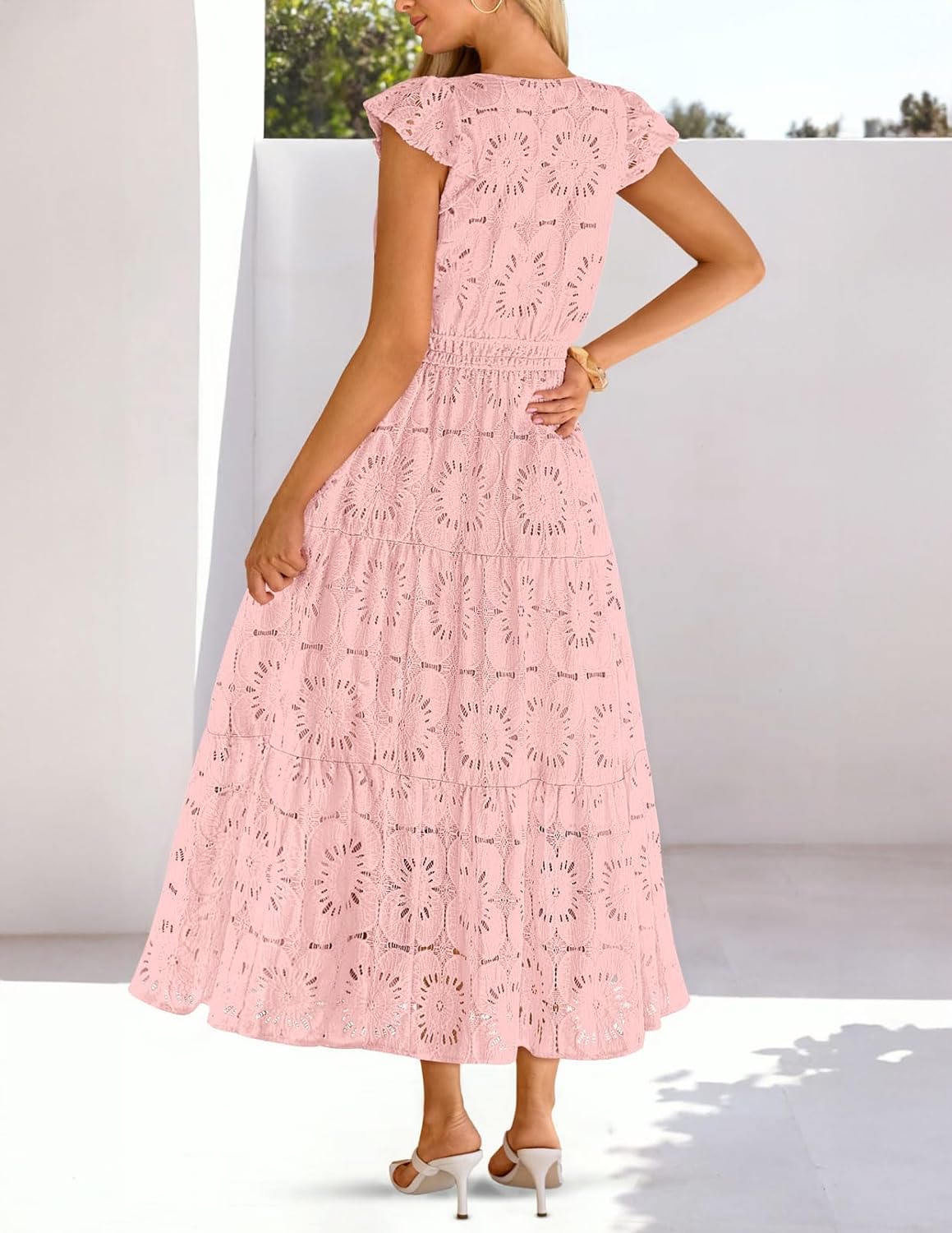 MEROKEETY Women's Summer Lace Eyelet Maxi Dress 2026 Spring Casual Boho Flutter Sleeve Tiered Flowy Beach Vacation Dresses - Image 4