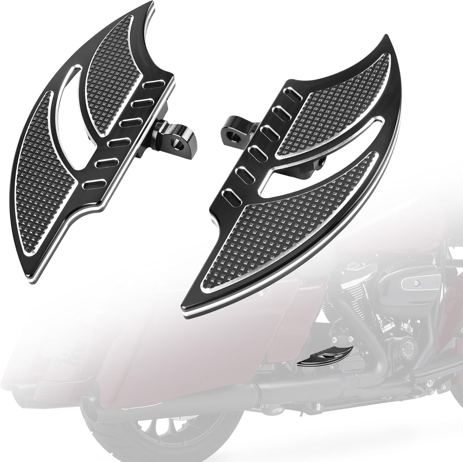 Goldfire Rear Passenger Large Floorboards Foot Pegs Bat Shape Footboards Motorcycle Accessories Compatible with Harley Sportster 883 1200 XL Touring Street Glide Electra Glide Softail Dyna, Black