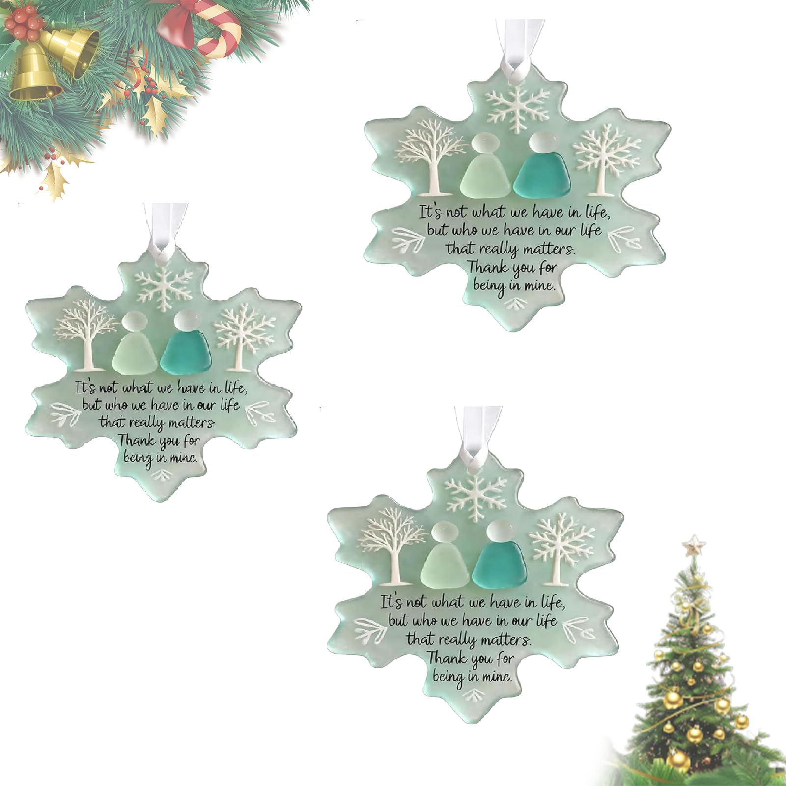 Heart-Shaped Snow-Shaped Sea Glass Friendship Decor, Sea Glass Christmas Tree Ornaments, Heart-Shaped Seas Glasss Friendship Keepsake, Seaglass Art Hanging Ornaments for Friendships (snow*3)