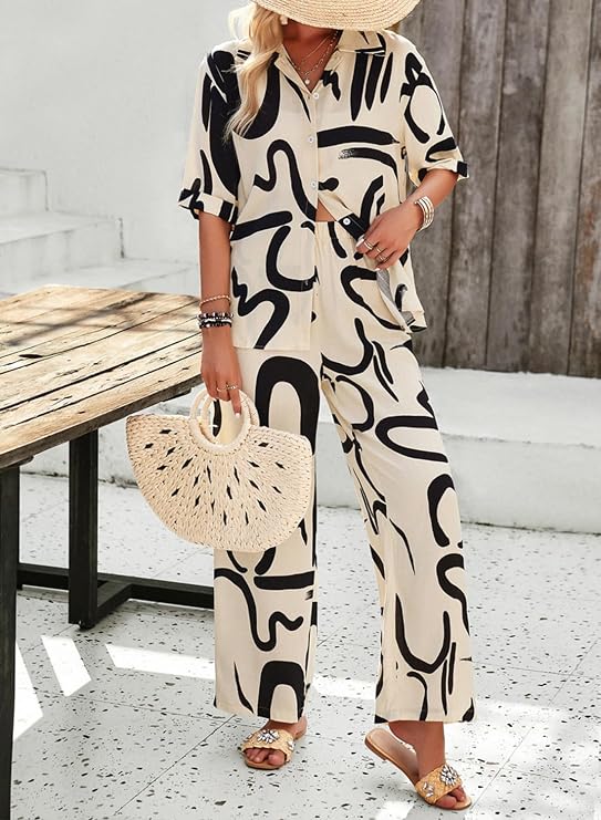 Womens Summer Print 2 Piece Pajama Sets Short Sleeve Button Down Outfit Long Pants Sleepwear Set