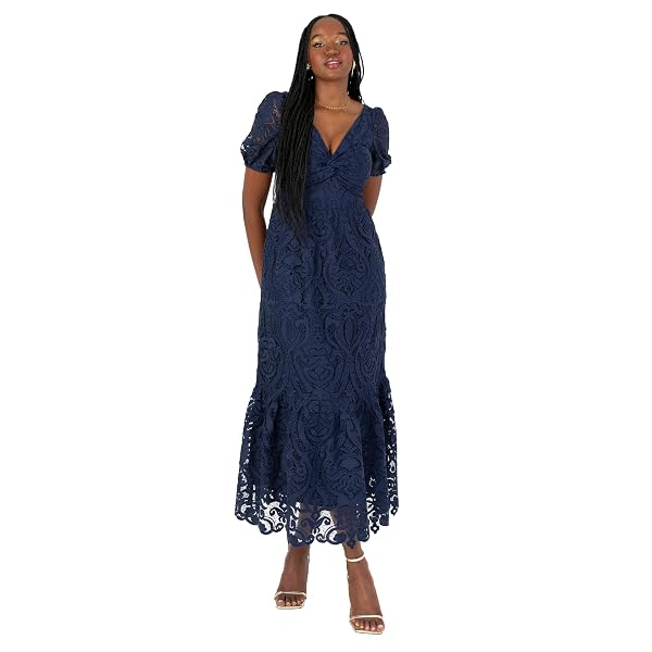 Maya Deluxe Women's Midi Dress Ladies V-Neck Short Puff Sleeves Twist Front Lace Tiered Bottom Hemline A-Line Wedding Guest Occasion Vestito, Blu Navy, 38 Donna