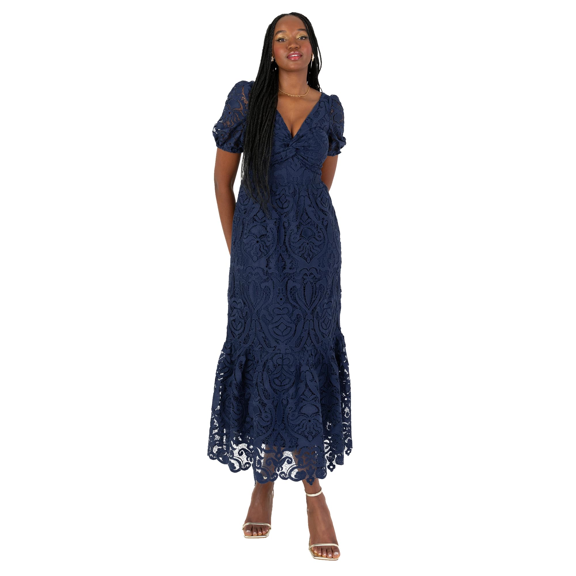 Maya Deluxe Women's Midi Dress Ladies V-Neck Short Puff Sleeves Twist Front Lace Tiered Bottom Hemline A-line Wedding Guest Occasion, Navy Blue 12