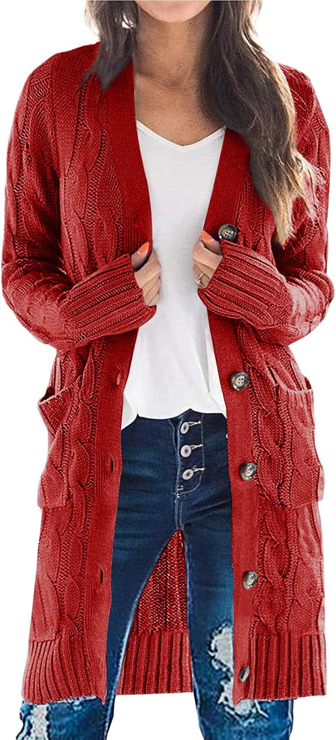 PRETTYGARDEN Long Sleeve Cable Knit Long Cardigan for Women 2026 Spring Winter Chunky Open Front Button Sweaters with Pockets