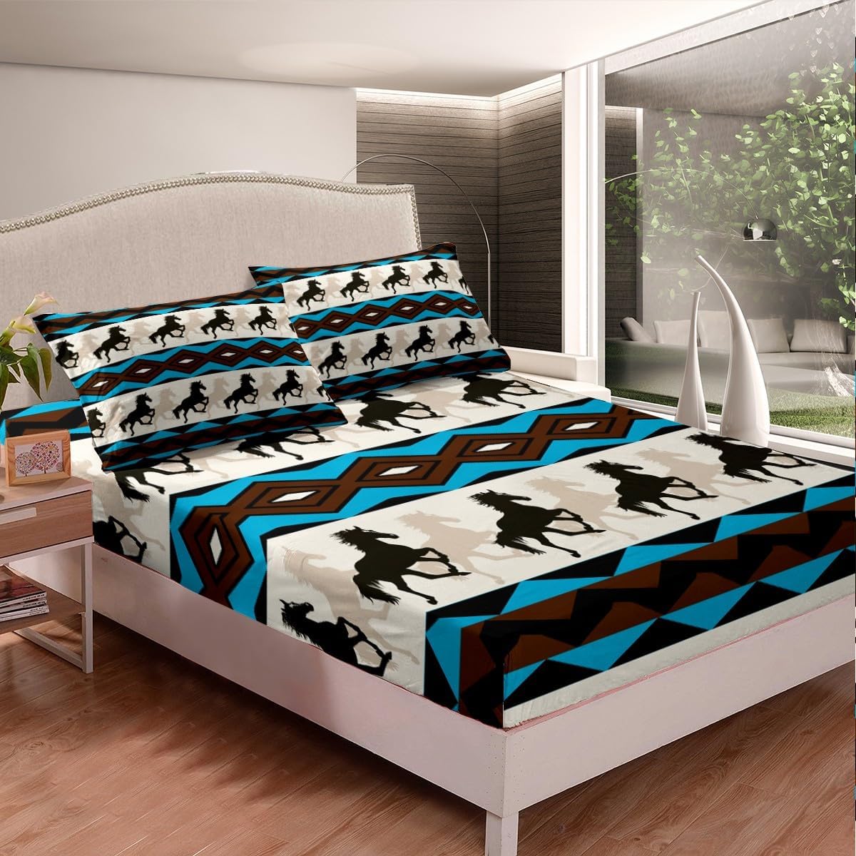 Feelyou Western Bedding Set Bohemian Aztec Bed Sheet Set Cowboy Cowgirl Horse Fitted Sheet for Kids Boys Girls Southwestern Native American Sheet Sets Retro Vintage Bedroom Decor Queen Size 4Pcs