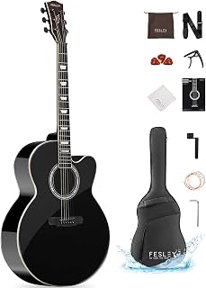 Fesley Jumbo Cutaway Acoustic Guitar: 42" Full Size Acoustic Guitar Kit, Mahogany Wood Guitar for Beginner Adult, Acustica Guitarra with Gig Bag, Picks, Strings, Capo, Strap, Pickguard, FJ90 Black