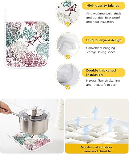 Miniatura 2 de 3 Packs Ocean Coral Pot Holders Sets for Kitchen,Oven Pan Plate Bowl Pads Heat Proof Mat with Hanging Loop,Terry Cloth Potholders Soft Grip for