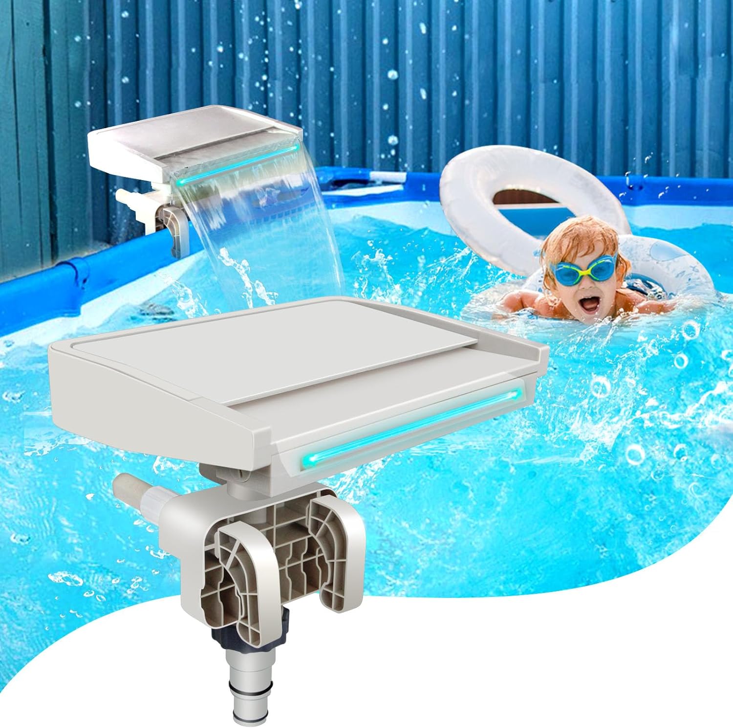 Pool Waterfall Creating Soothing White Noise Sound, Pool Waterfall with Relaxing Sound for Above Ground Pools, Peaceful and Soothing on Hot Days, 7 Colors LED Lights