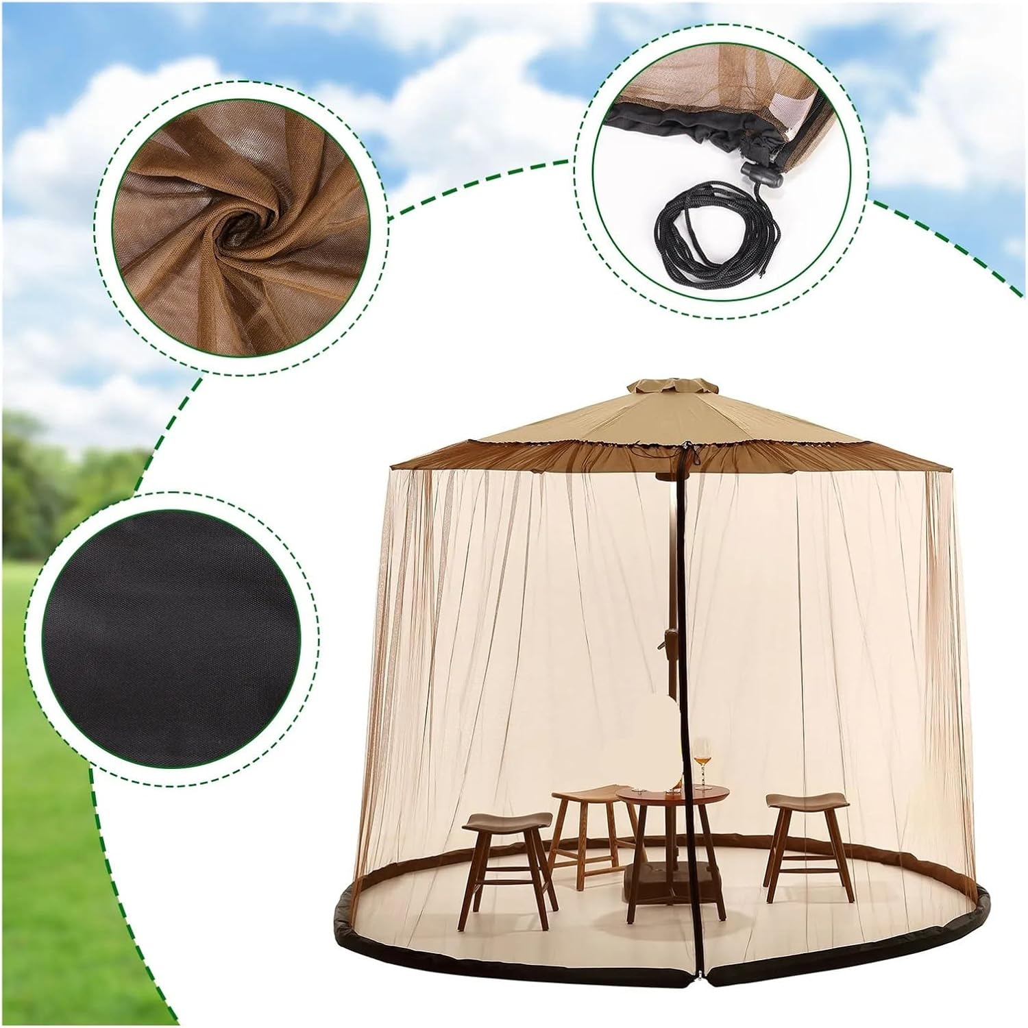 Umbrella Netting for Garden Patio Umbrellas Adjustable Rope Sunshade Net for Travel Tent(Black,380x240CM(11-12FT))