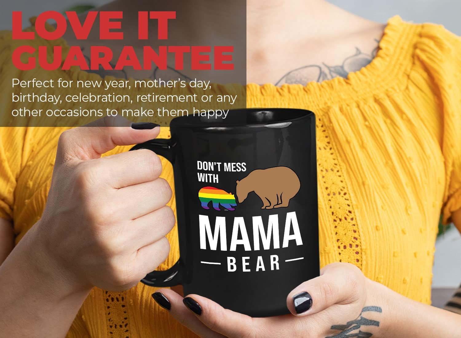 LGBTQ Coffee Mug 15oz Black - Don't Mess with Mama Bear - LGBT LGBTQ Gay Lesbian Women Rights Feminism Mom Bear Gay Pride Proud Ally Rainbow Love Equality
