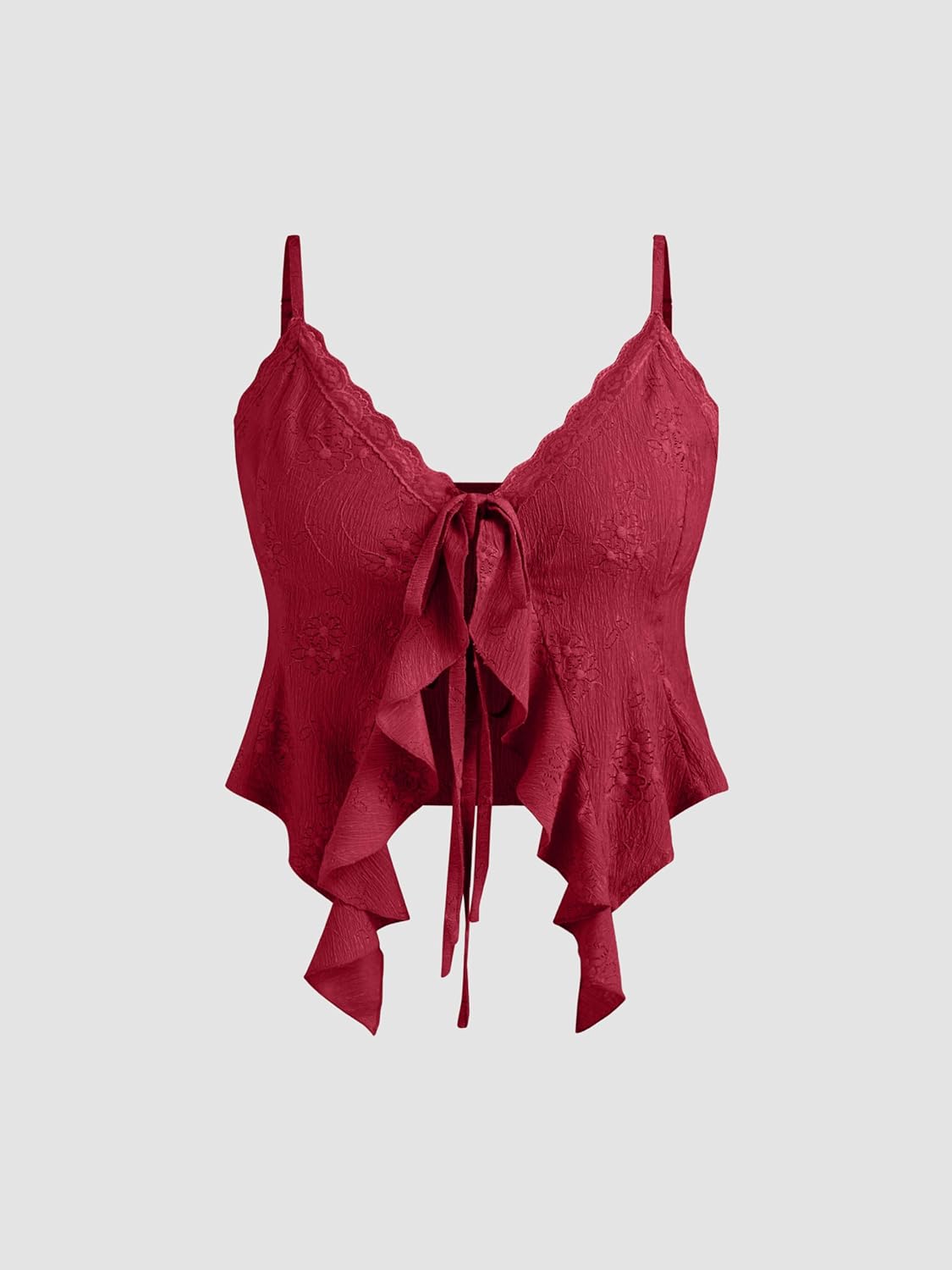 CIDER Plus Size Going Out Tops for Women Y2K Sheer Tie Front Ruffle Hem Lace Spaghetti Strap Cowgirl Crop Tops - Image 2