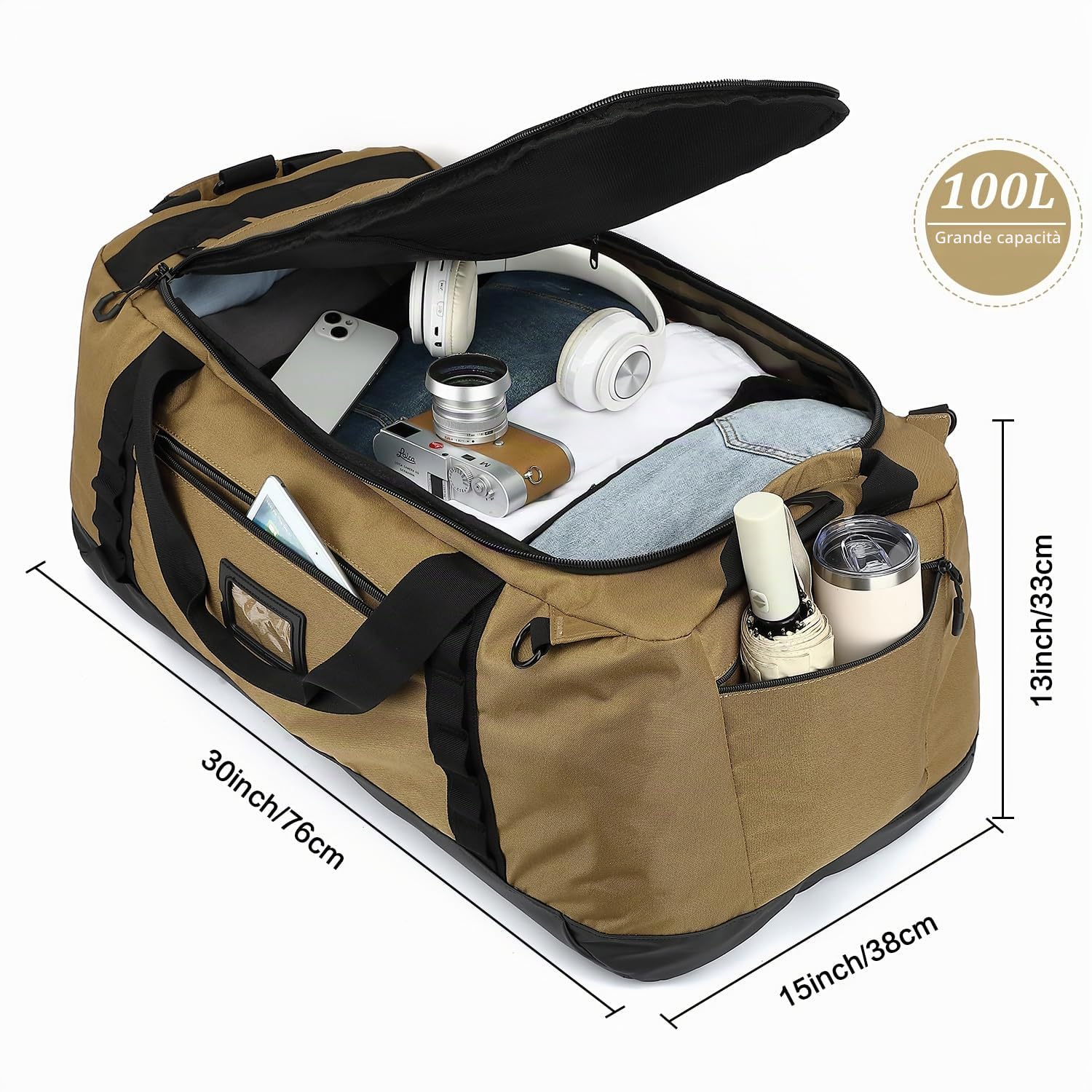 TUGUAN Borsone da Viaggio Grande XL 100L Borsa Sportiva per Uomo Donna con Funzione Zaino XXL Borsa per Bagagli Leggera e Impermeabile per Weekend Campeggio, Marrone