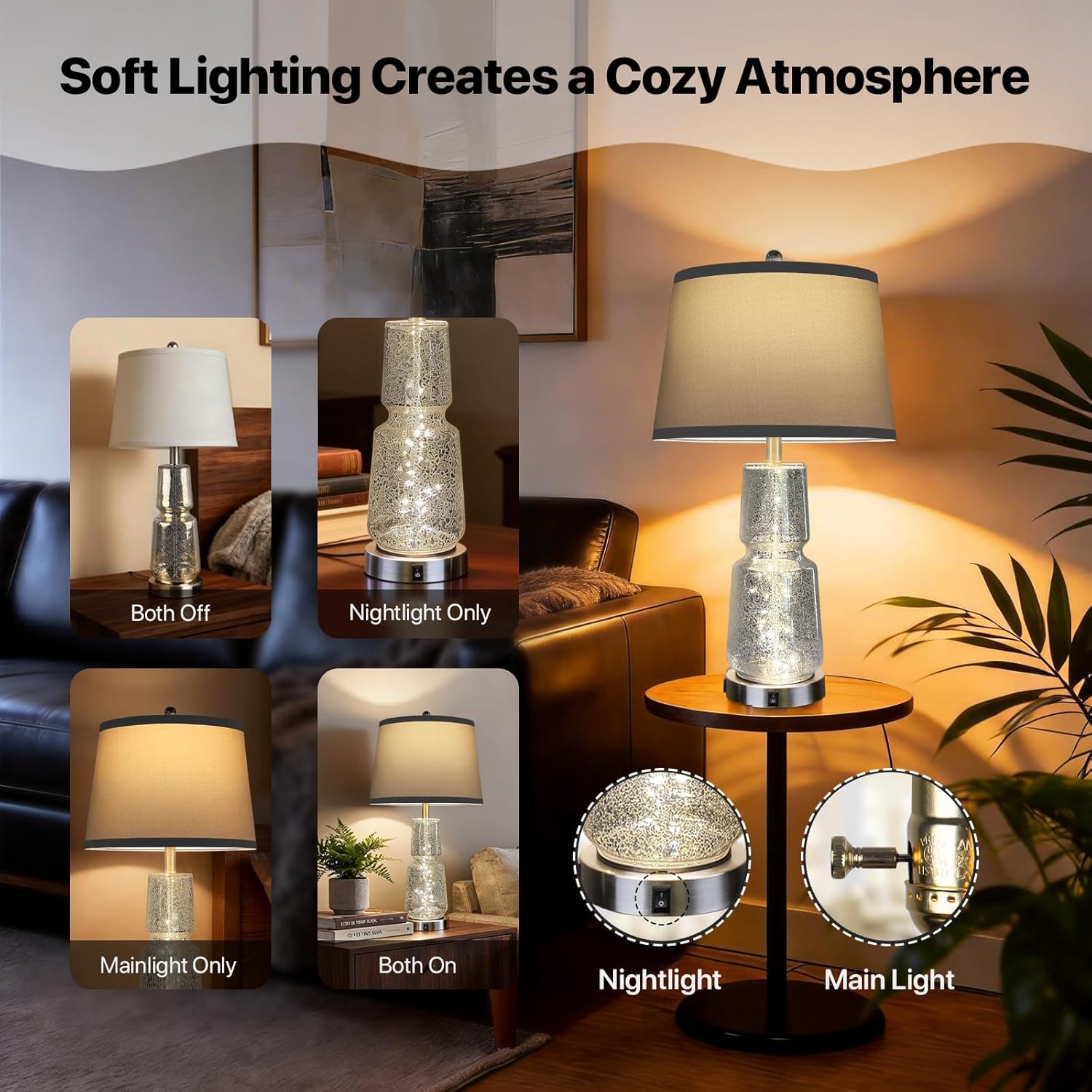 Glass Table Lamp Set of 2 with USB A+C Ports, Dual Light Sources with Nightlight for Sleep, 3-Color Adjustable Bedside Lamps, 26" Textured Silver Lamps for Bedroom, Home Office