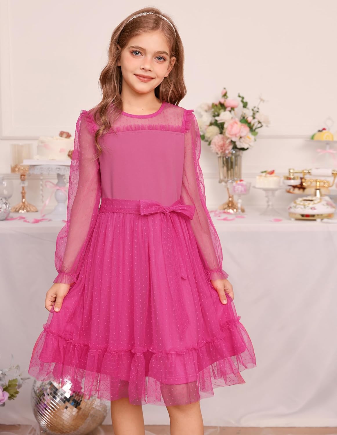 GRACE KARIN Girls Contrast Mesh Dress Formal Party Long Sleeve High Waist Tulle A-Line Fall Dresses for 6-12 Years - Image 5