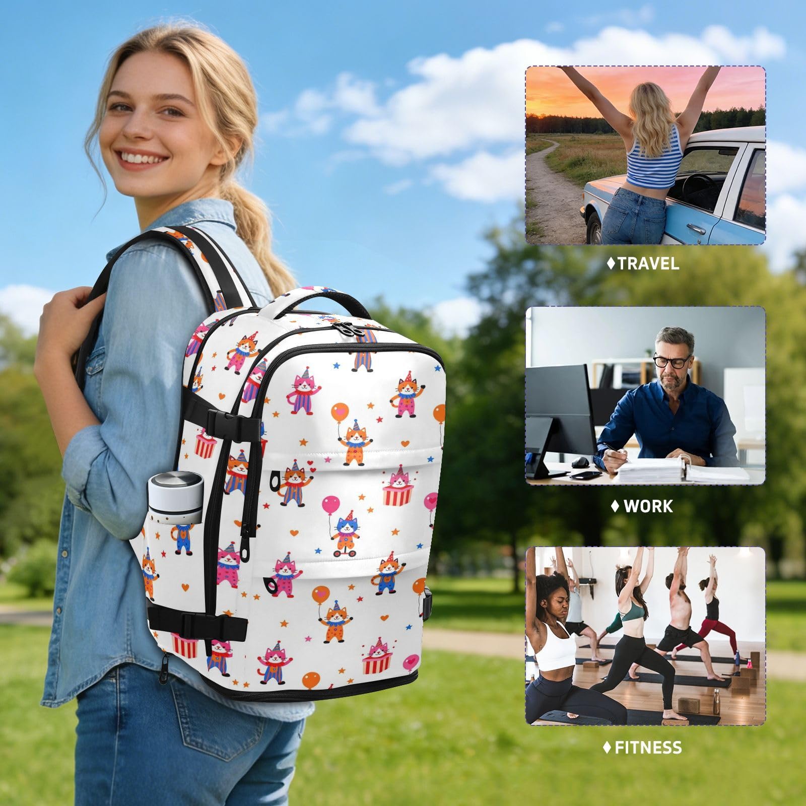 Osobisty plecak torba na laptopa 15,6 cala do podróży służbowych | Wodoodporna lekka męska torba na laptopa uroczy klaun kot cyrk torba na laptopa 15,6 cala do samolotów Mochila de Viaje